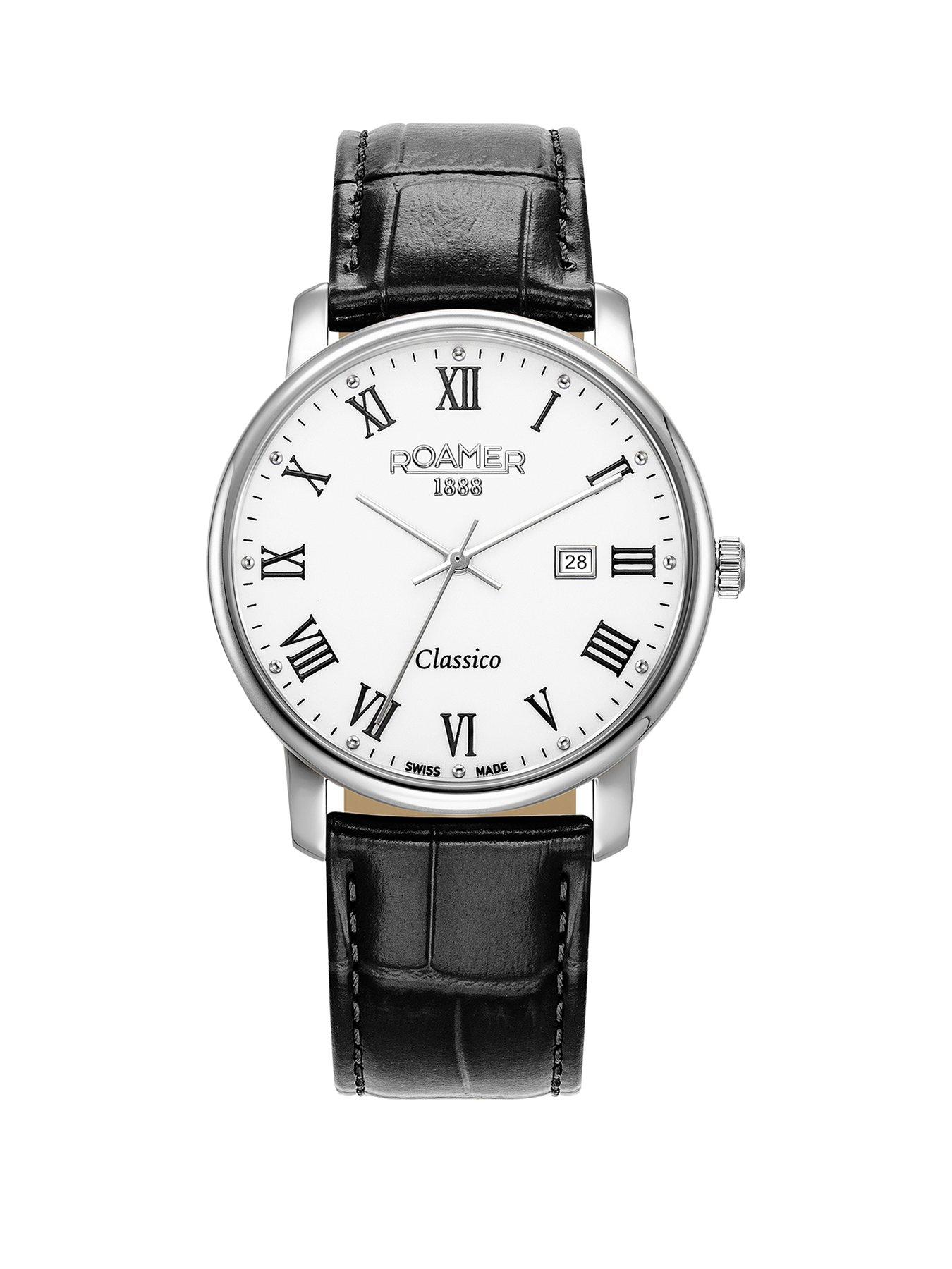 undefined Swiss Made Classico Men's White Roman Numeral Dial in a Stainless Steel Case and Black Leather Strap