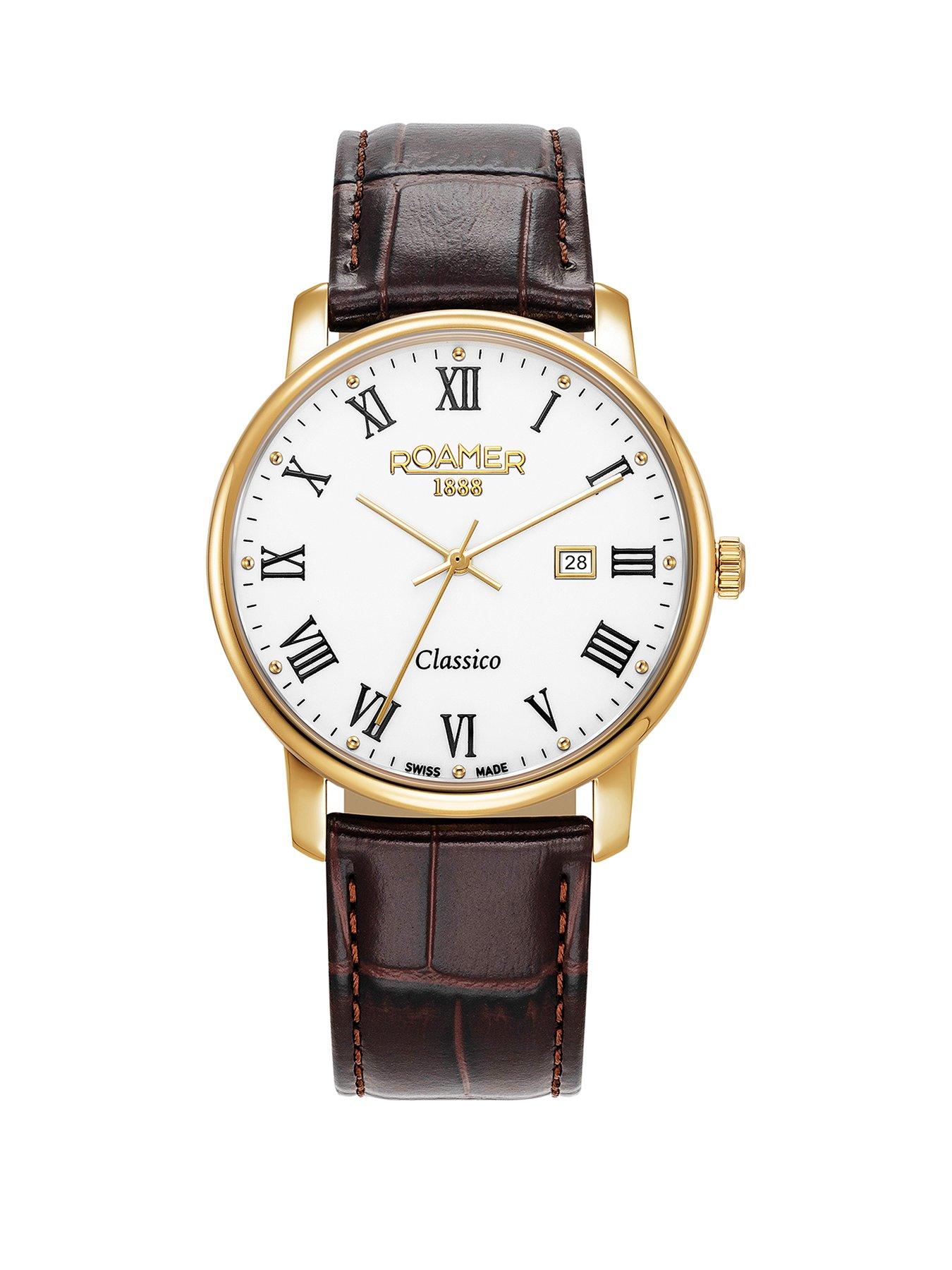 undefined Swiss Made Classico Men's White Roman Numeral Dial in a Gold IP Stainless Steel Case and Brown Leather Strap