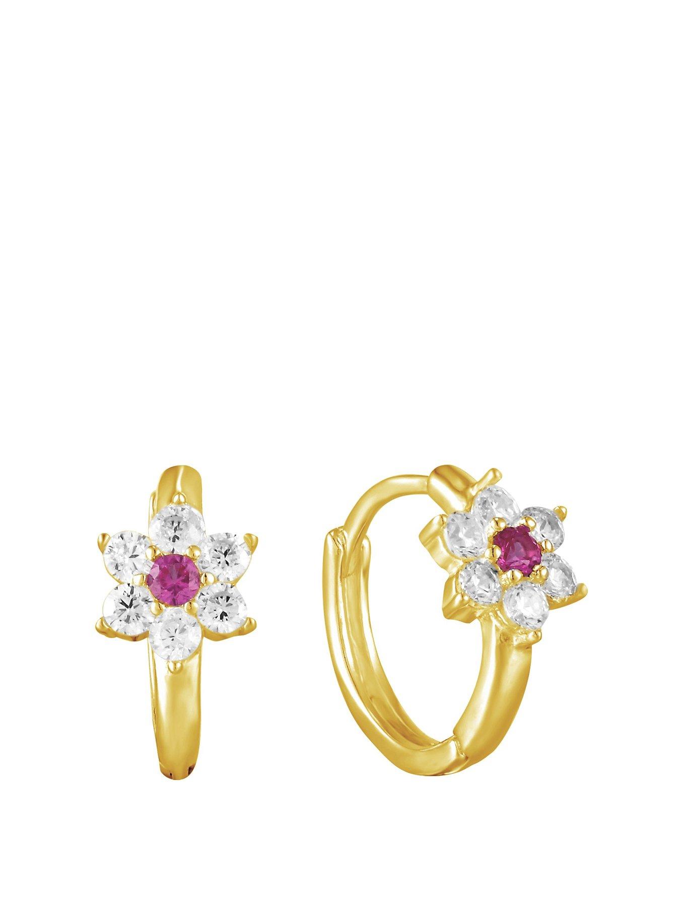 undefined 18ct Gold Plated Sterling Silver Ruby Flower CZ Huggie Hoops
