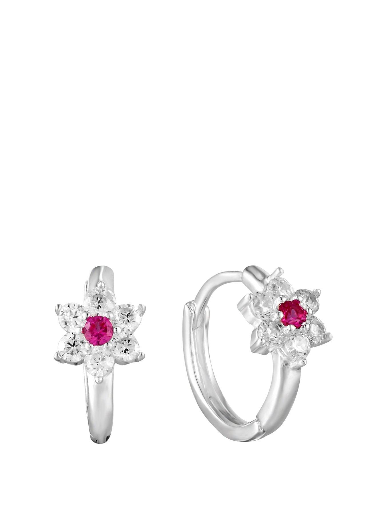 undefined Sterling Silver Ruby Flower CZ Huggie Hoops