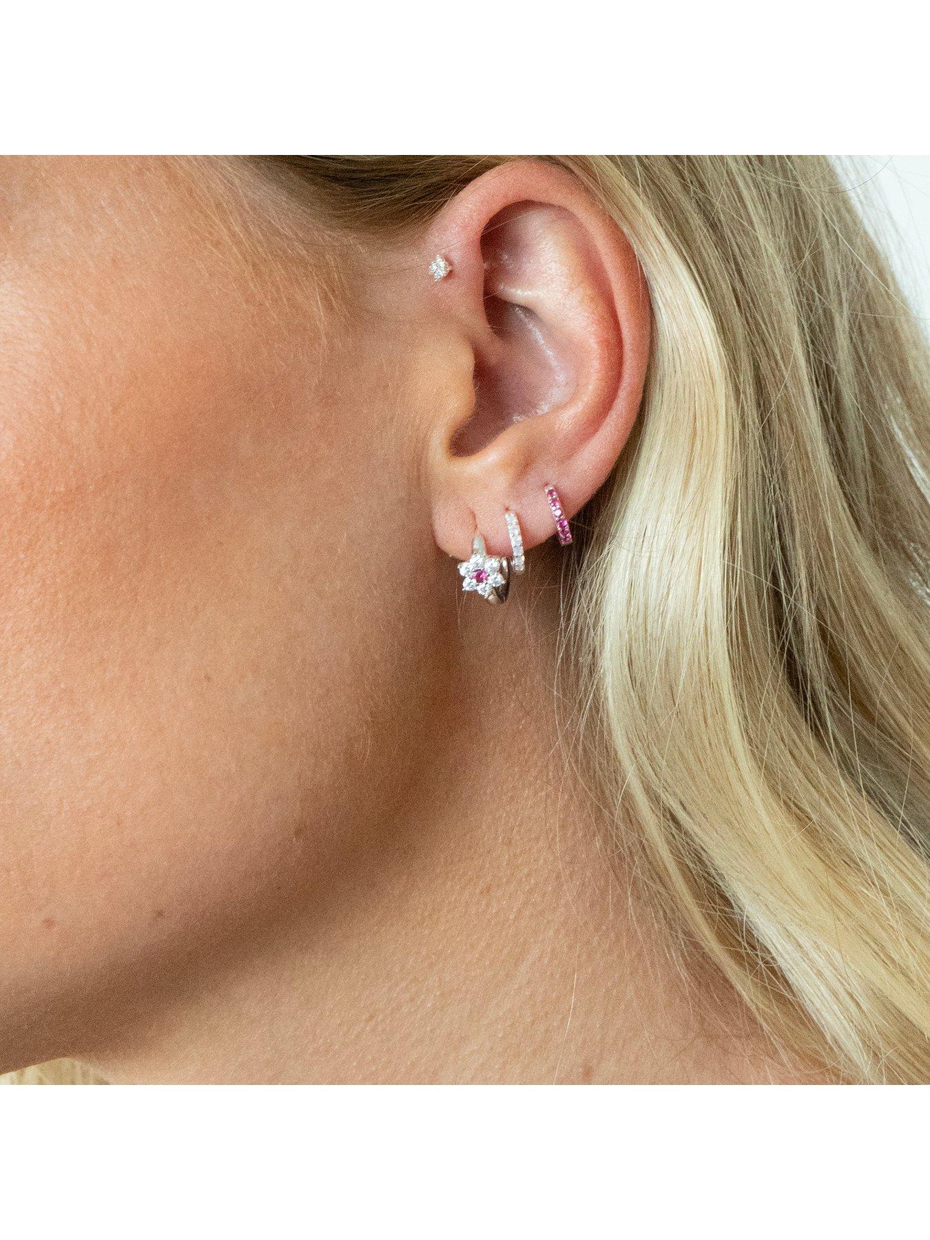 Image 4 of 4 of Seol + Gold Sterling Silver Ruby Flower CZ Huggie Hoops
