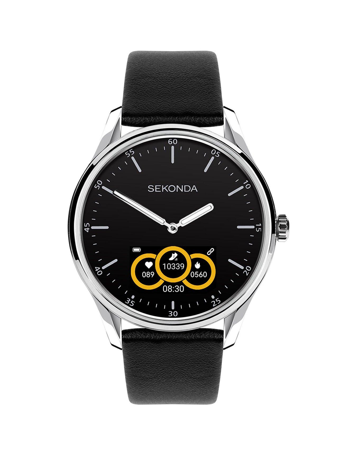 undefined Mens Black Leather Bracelet with Black Dial Hybrid Smartwatch