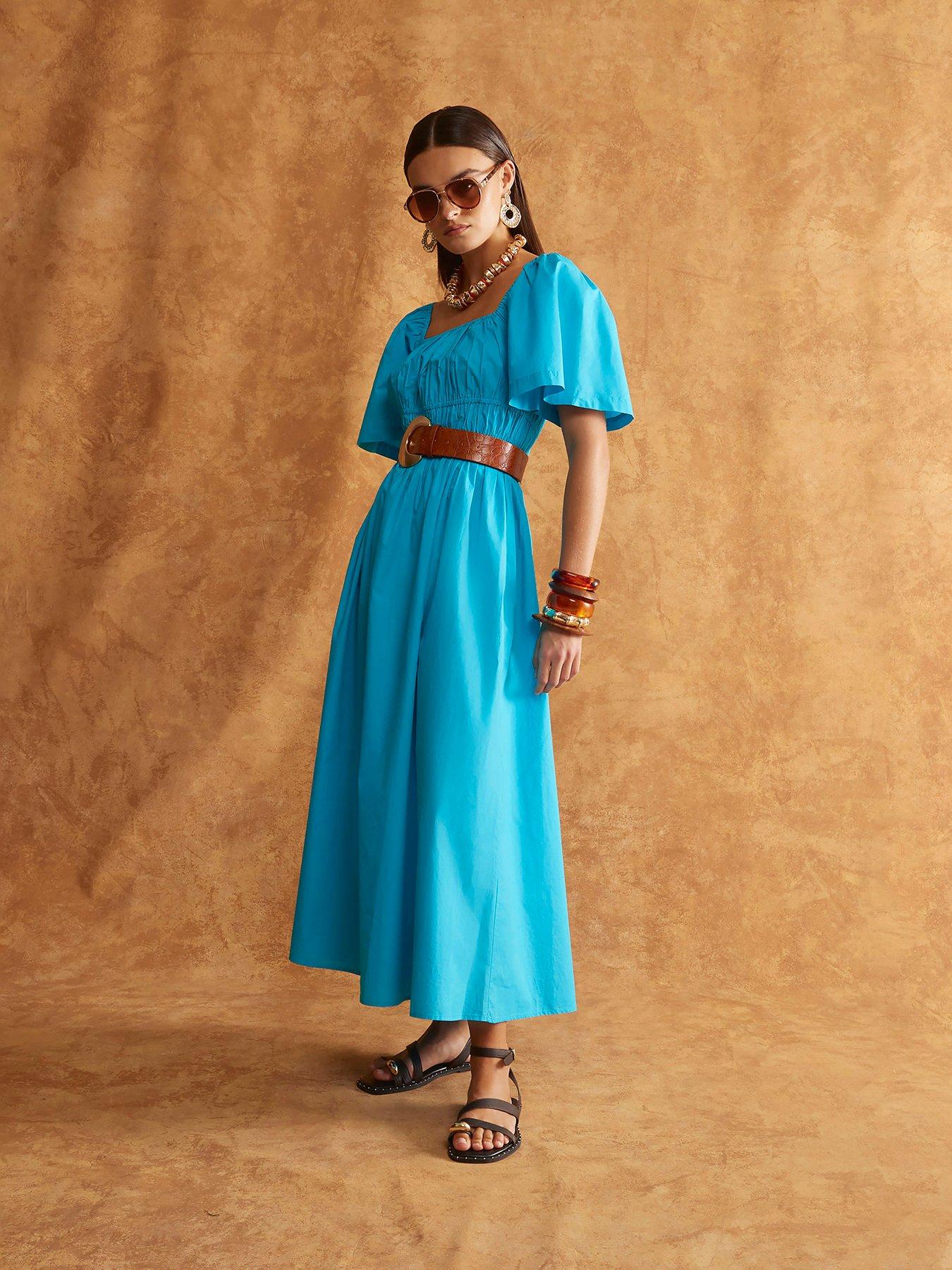 undefined Short Sleeve Shirred Midi Dress - Blue