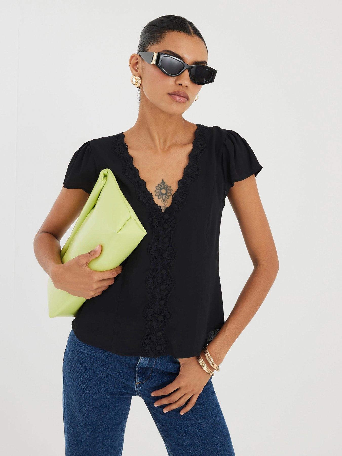 undefined Angel Sleeve Floral Blouse - Black