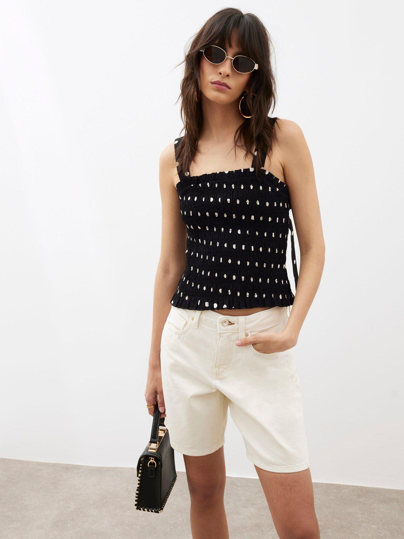 undefined Black Polka Dot Sleeveless Shirred Top - Black