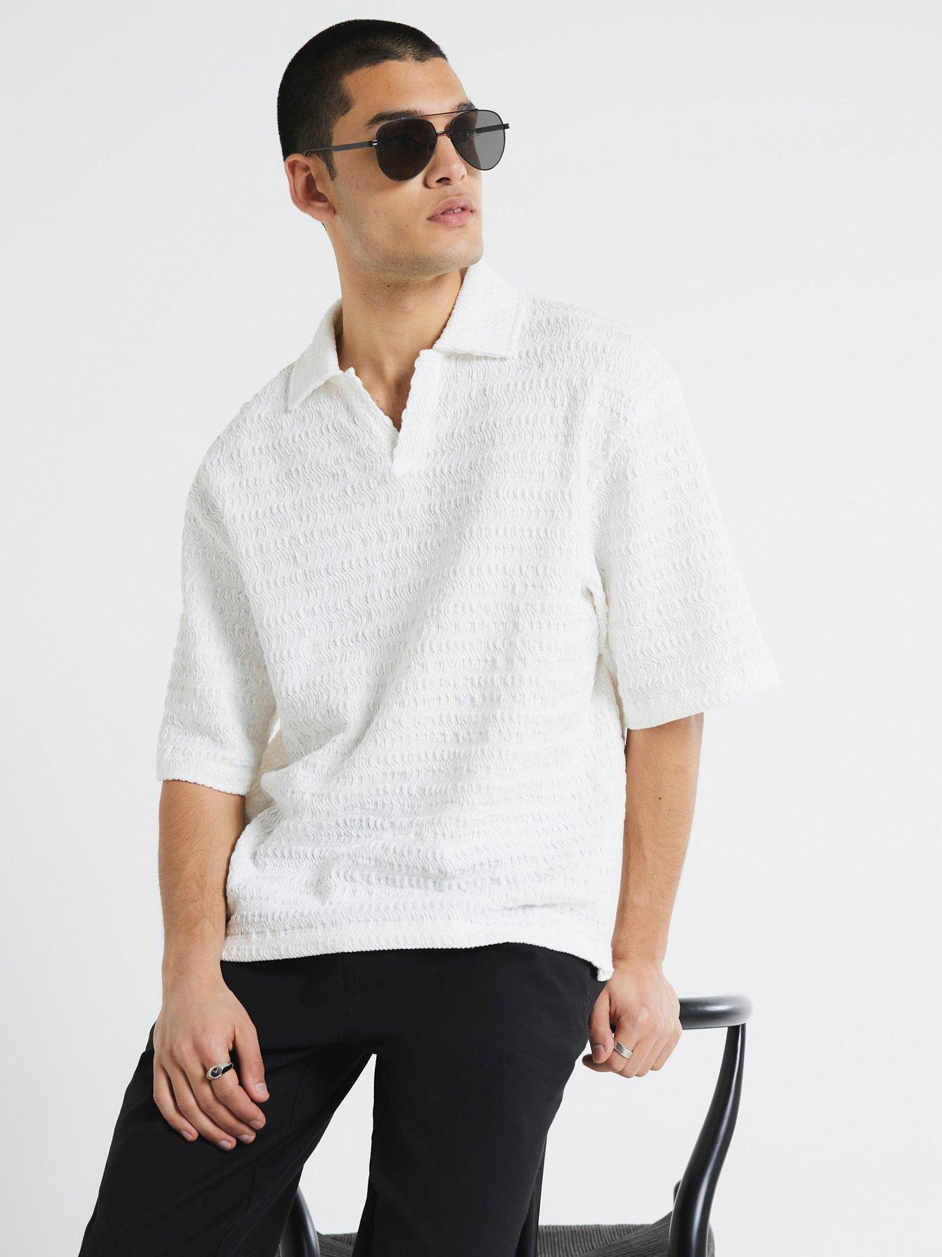 undefined Open Neck Plisse Polo Shirt - White