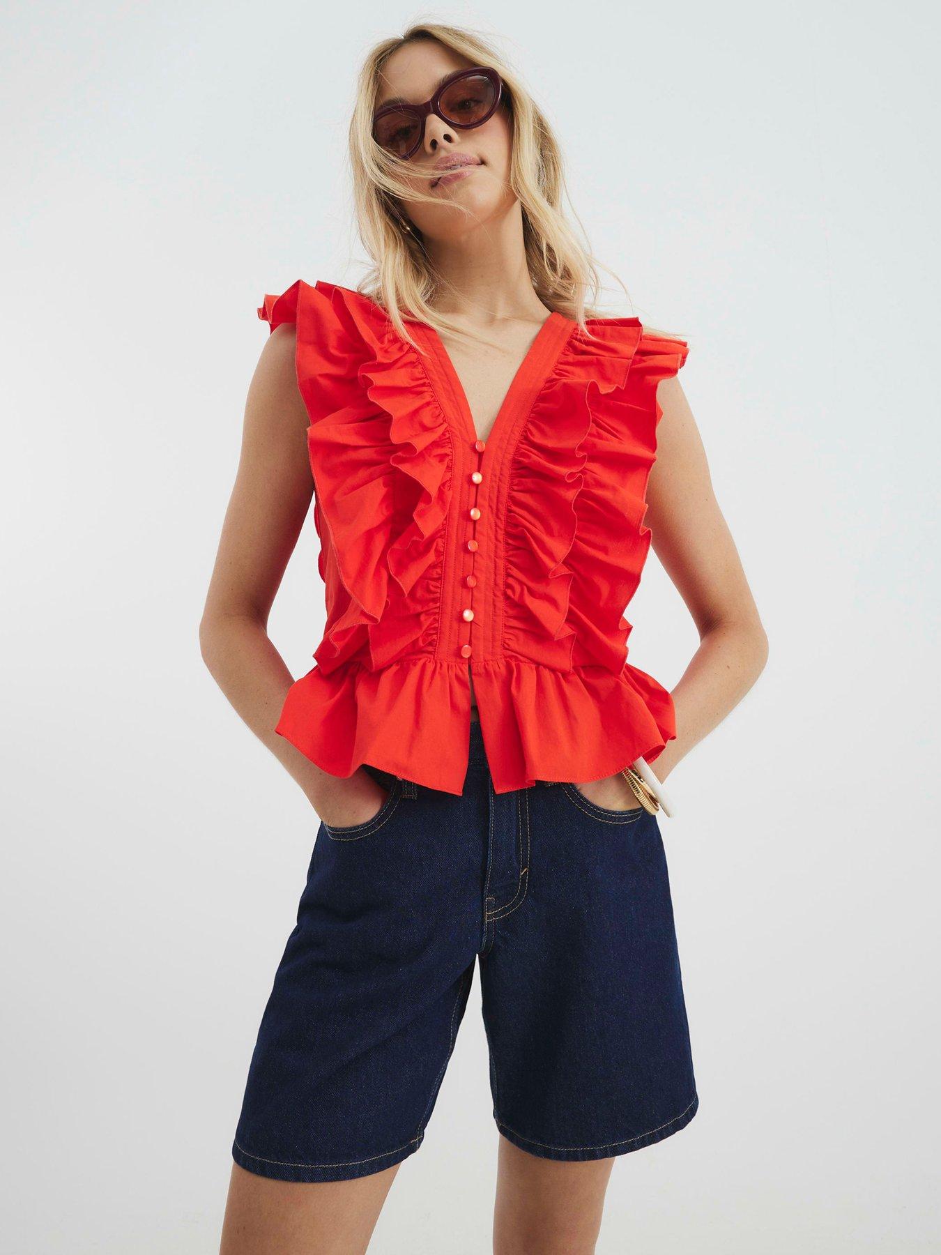 River Island: Short Sleeve Ruffle Front Button Top - Red