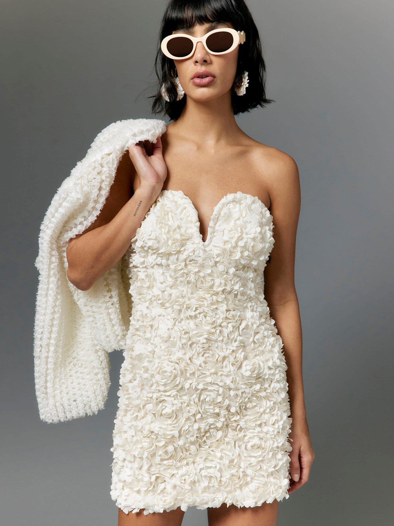 undefined Plunge 3D Mini Dress - Cream