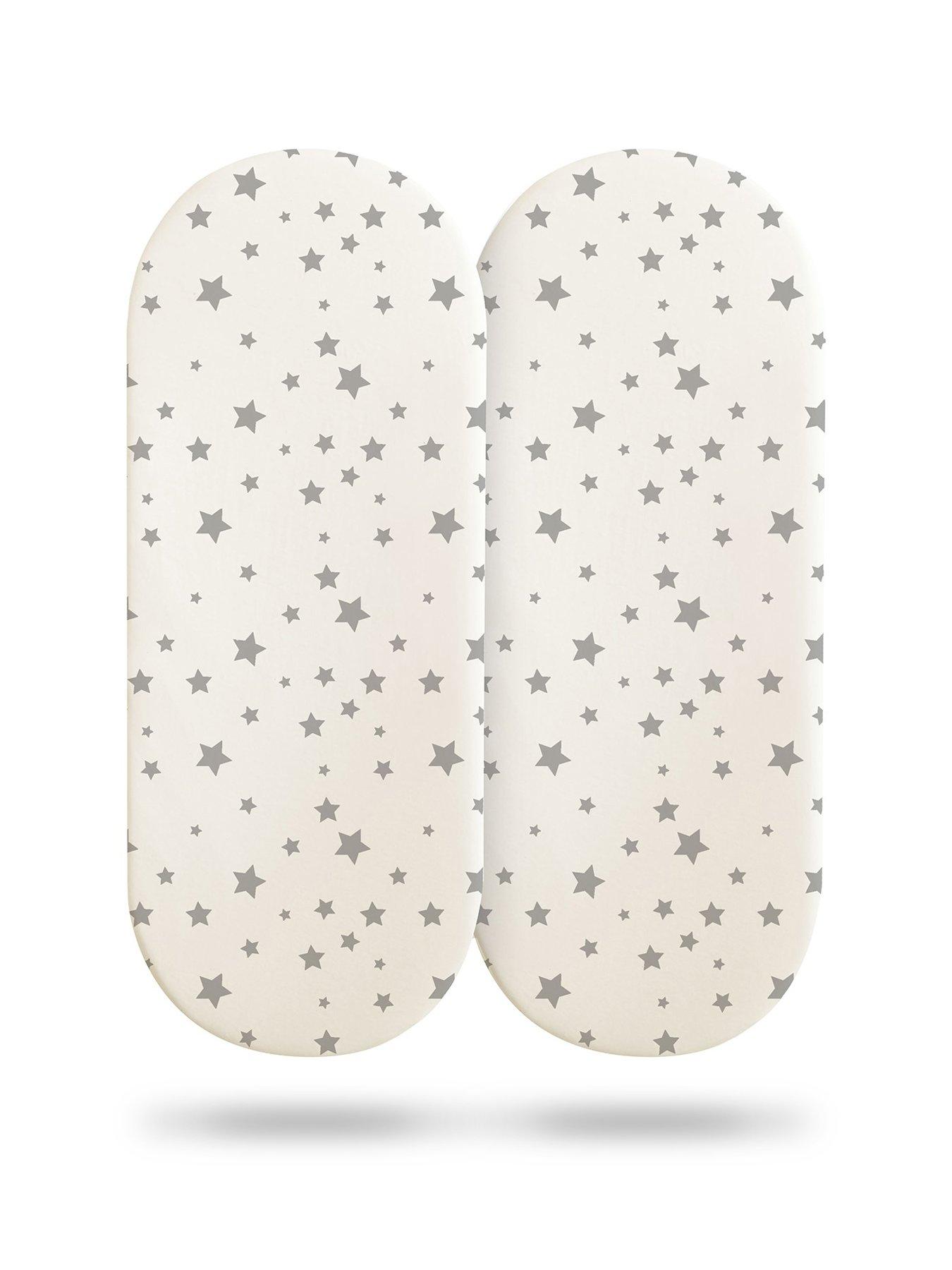 Silentnight Safe Nights 2 x Pack 100% Cotton Moses Basket Fitted Sheets - 74cm x 28cm (Grey Stars)
