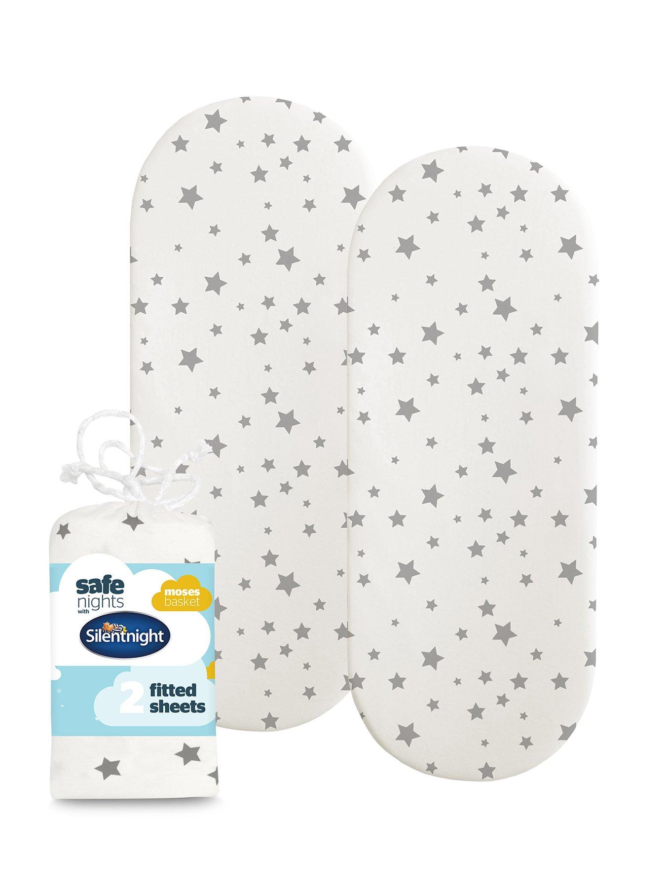 Image 1 of 6 of Silentnight Safe Nights 2 x Pack 100% Cotton Moses Basket Fitted Sheets - 74cm x 28cm (Grey Stars)
