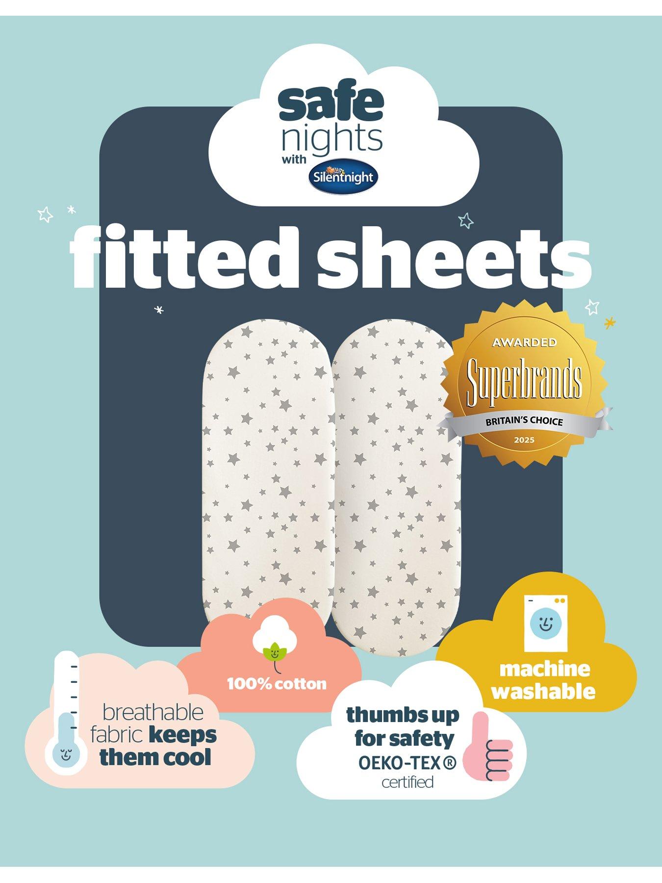 Image 6 of 6 of Silentnight Safe Nights 2 x Pack 100% Cotton Moses Basket Fitted Sheets - 74cm x 28cm (Grey Stars)