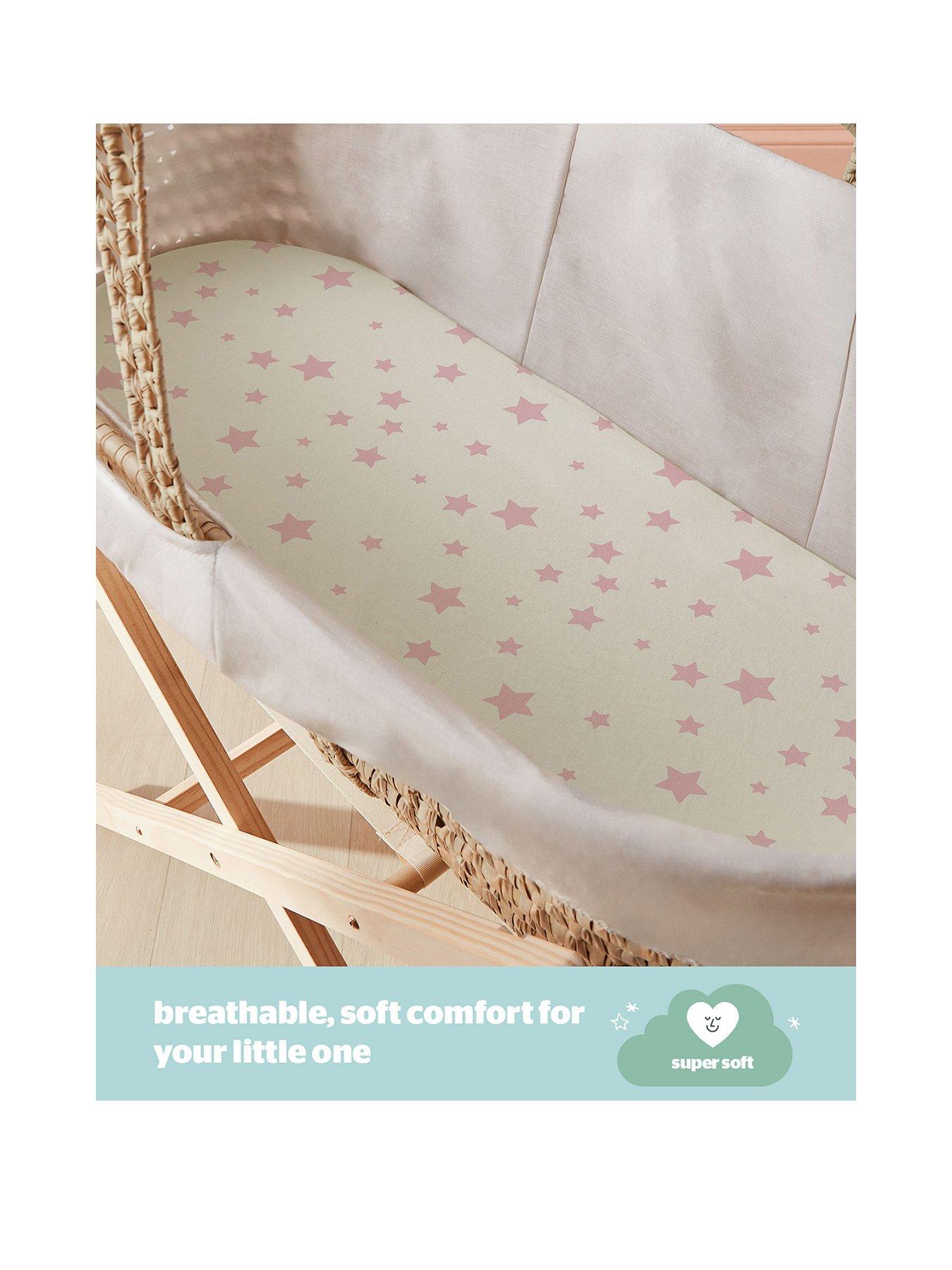 Image 2 of 7 of Silentnight Safe Nights 2 x Pack 100% Cotton Moses Basket Fitted Sheets - 74cm x 28cm (Pink Stars)