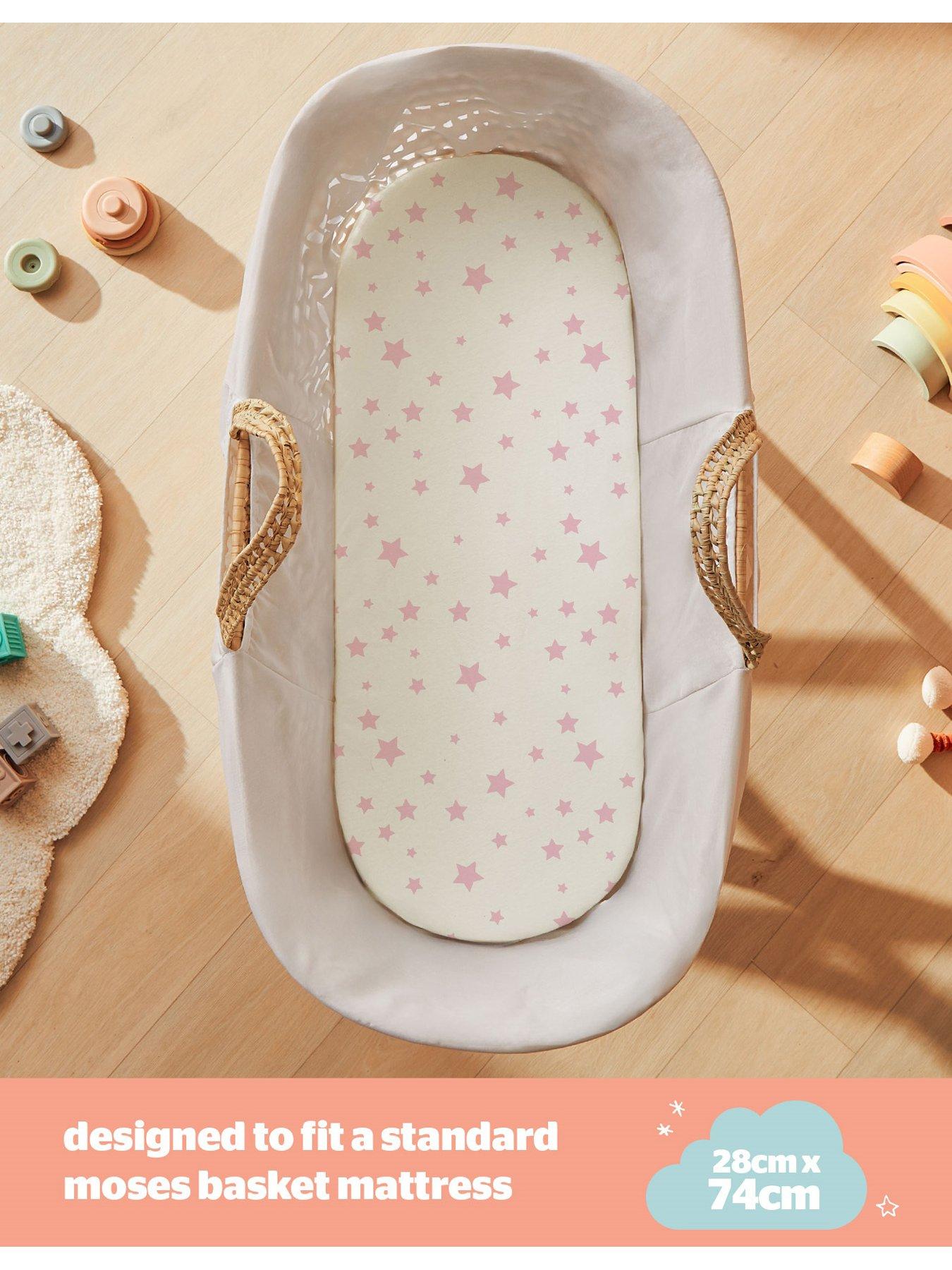 Image 4 of 7 of Silentnight Safe Nights 2 x Pack 100% Cotton Moses Basket Fitted Sheets - 74cm x 28cm (Pink Stars)