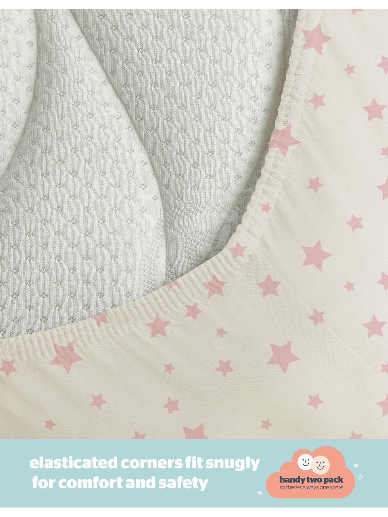 Image 5 of 7 of Silentnight Safe Nights 2 x Pack 100% Cotton Moses Basket Fitted Sheets - 74cm x 28cm (Pink Stars)