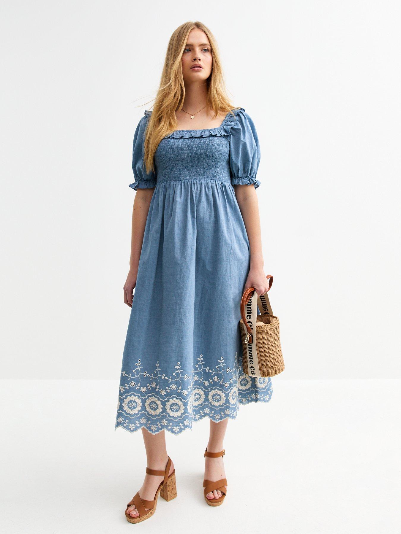 undefined Blue Floral Embroidered Frilly Trim Midi Dress