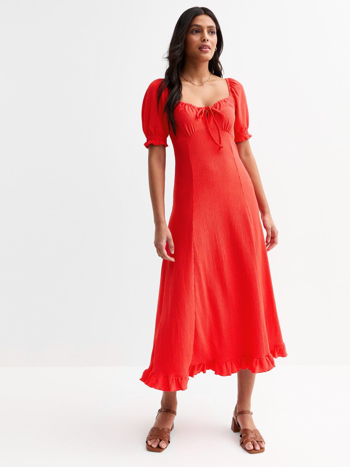Image 1 of 4 of New Look Red Square Neck Crinkled Jersey Midi Dress