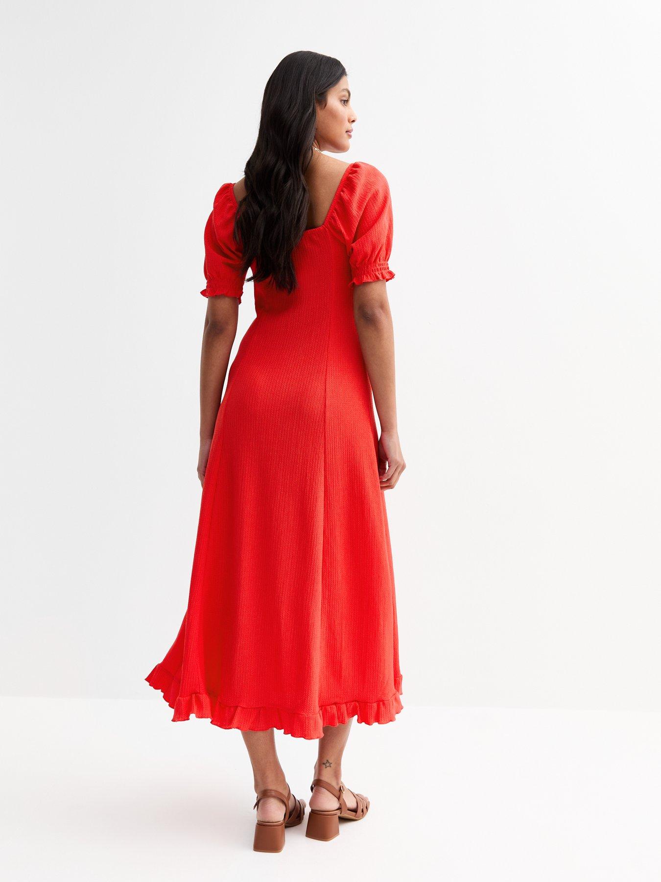 Image 2 of 4 of New Look Red Square Neck Crinkled Jersey Midi Dress