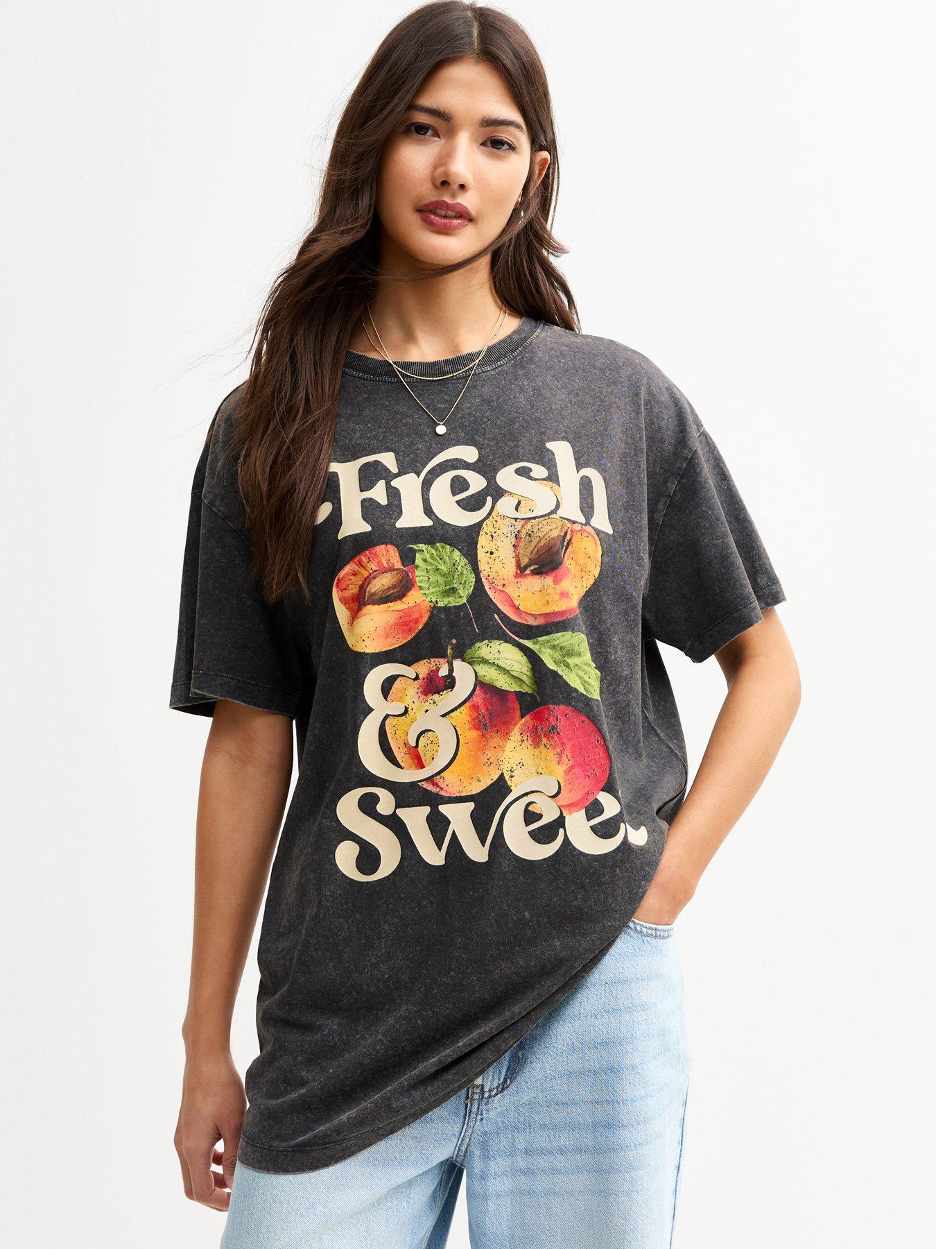 undefined Dark Grey Peaches Oversized Acid Wash T-shirt