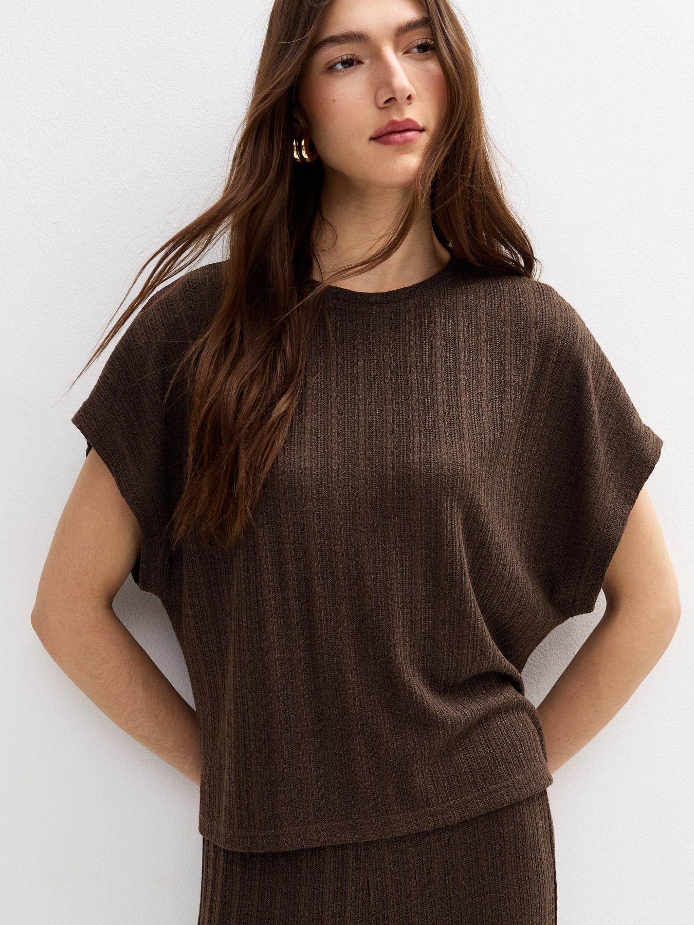 undefined Textured Pointelle Relaxed T-Shirt - Dark Brown