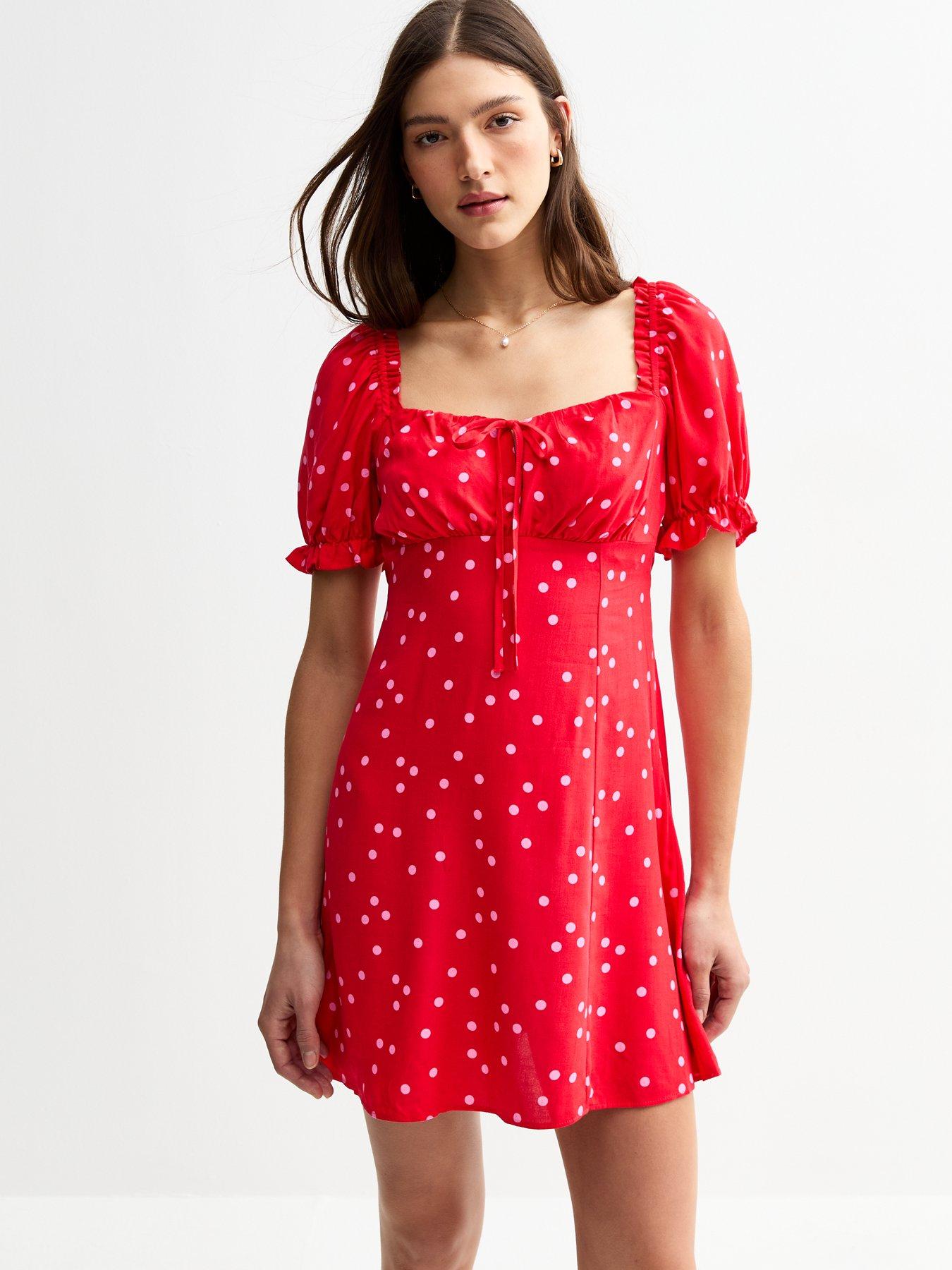 New Look: Polka Dot Square Neck Mini Dress - Red