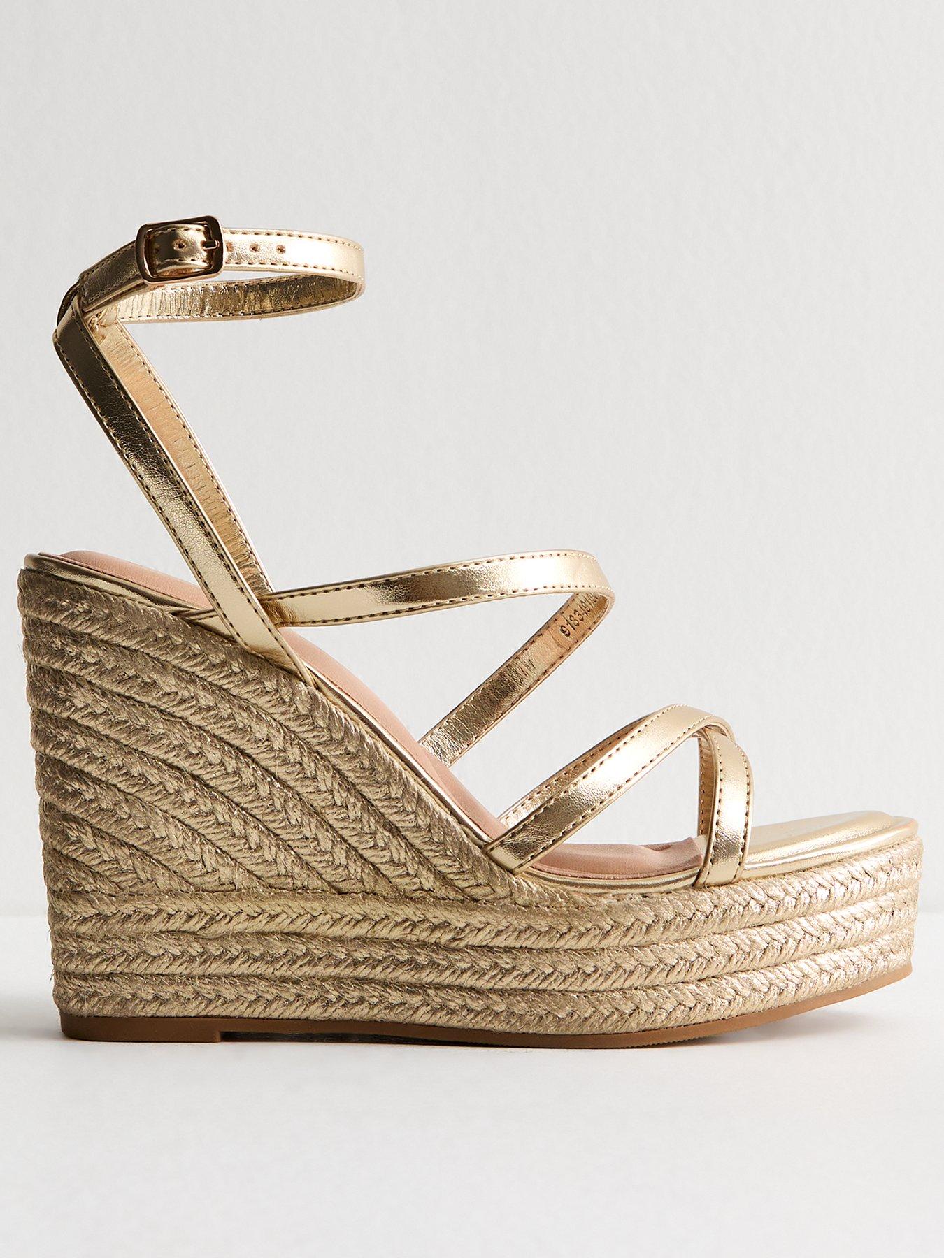 New Look Faux Leather Metallic Strap Wedge Sandals Gold Very