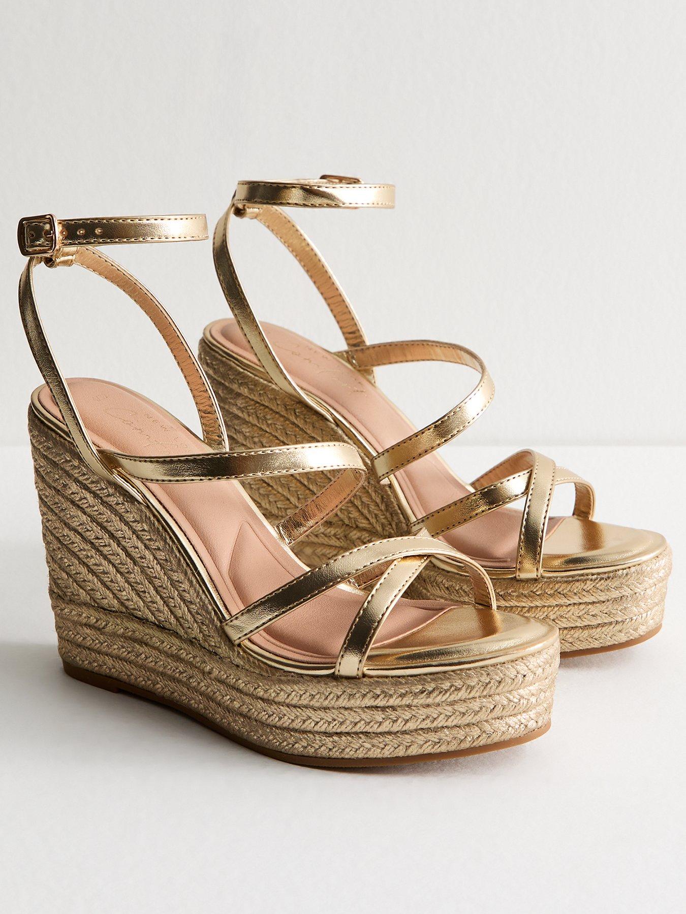 New Look Faux Leather Metallic Strap Wedge Sandals Gold Very