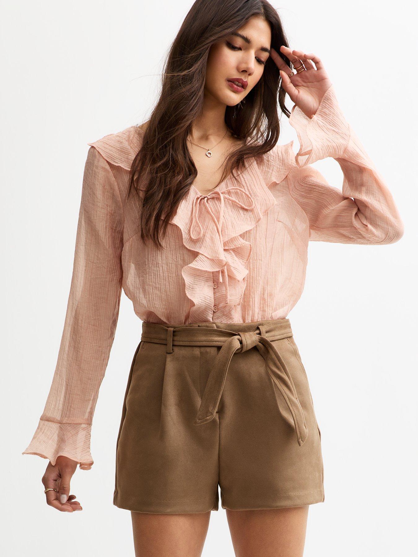 undefined Tan Belted Faux Suede Shorts - Brown