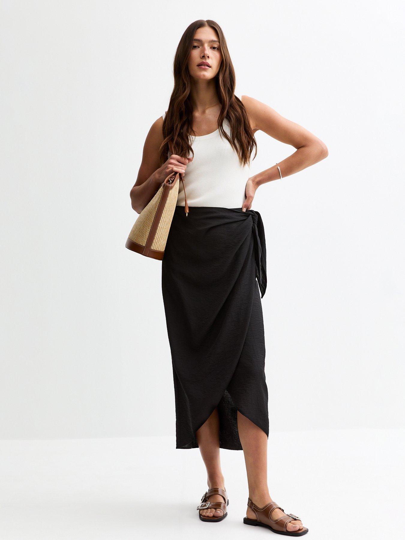 Image 3 of 6 of New Look Black Crinkled Sarong Midi Skirt