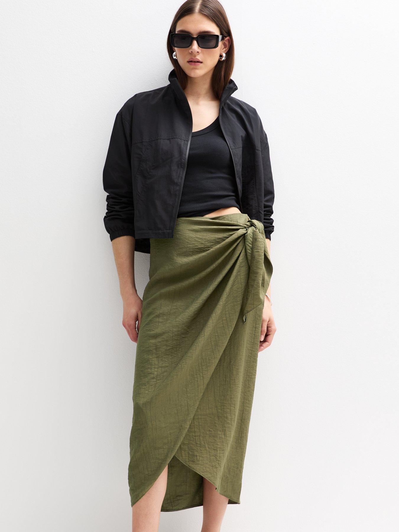 undefined Khaki Crinkled Sarong Midi Skirt