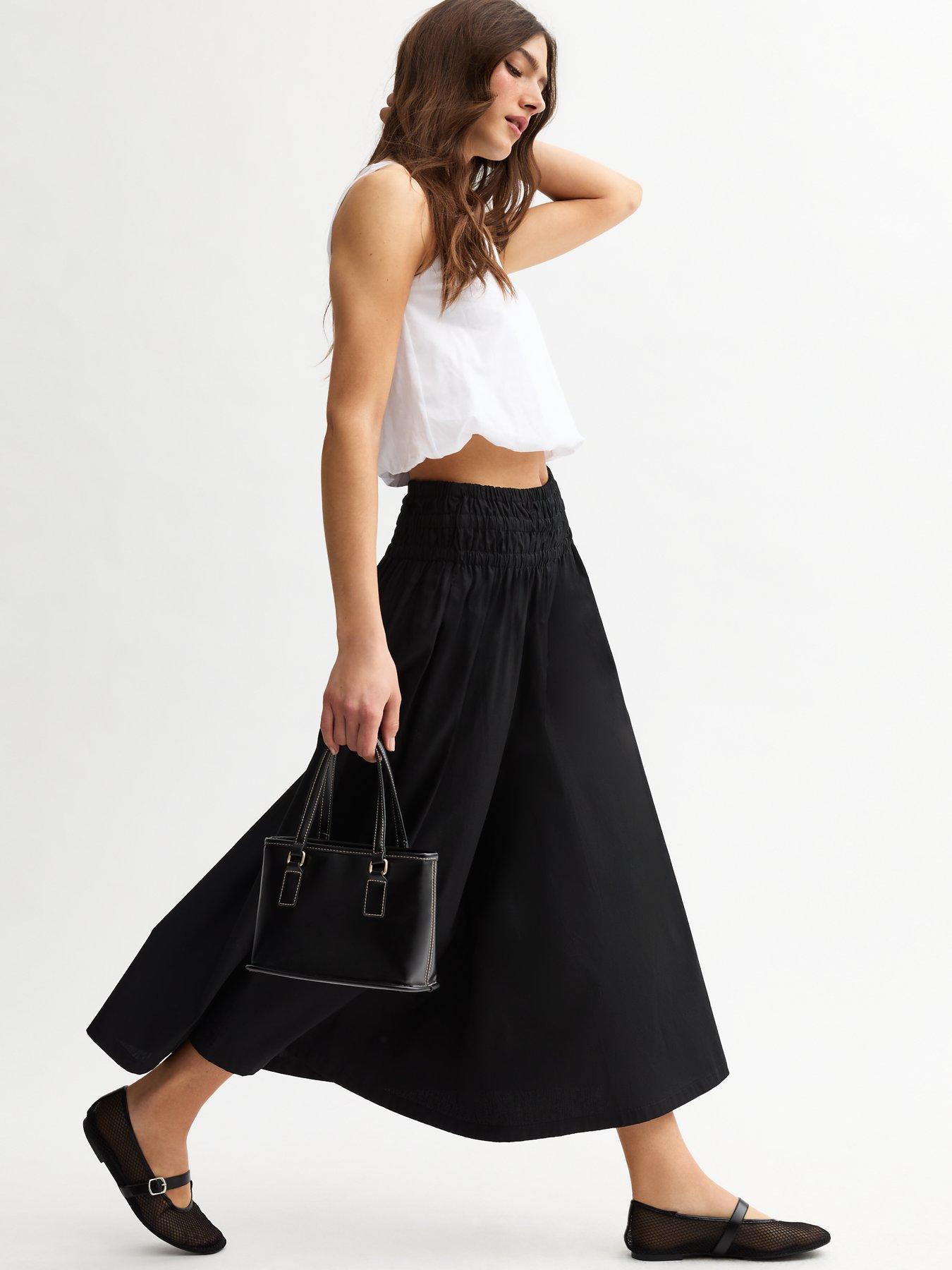 undefined Black Shirred Waist Poplin Midi Skirt
