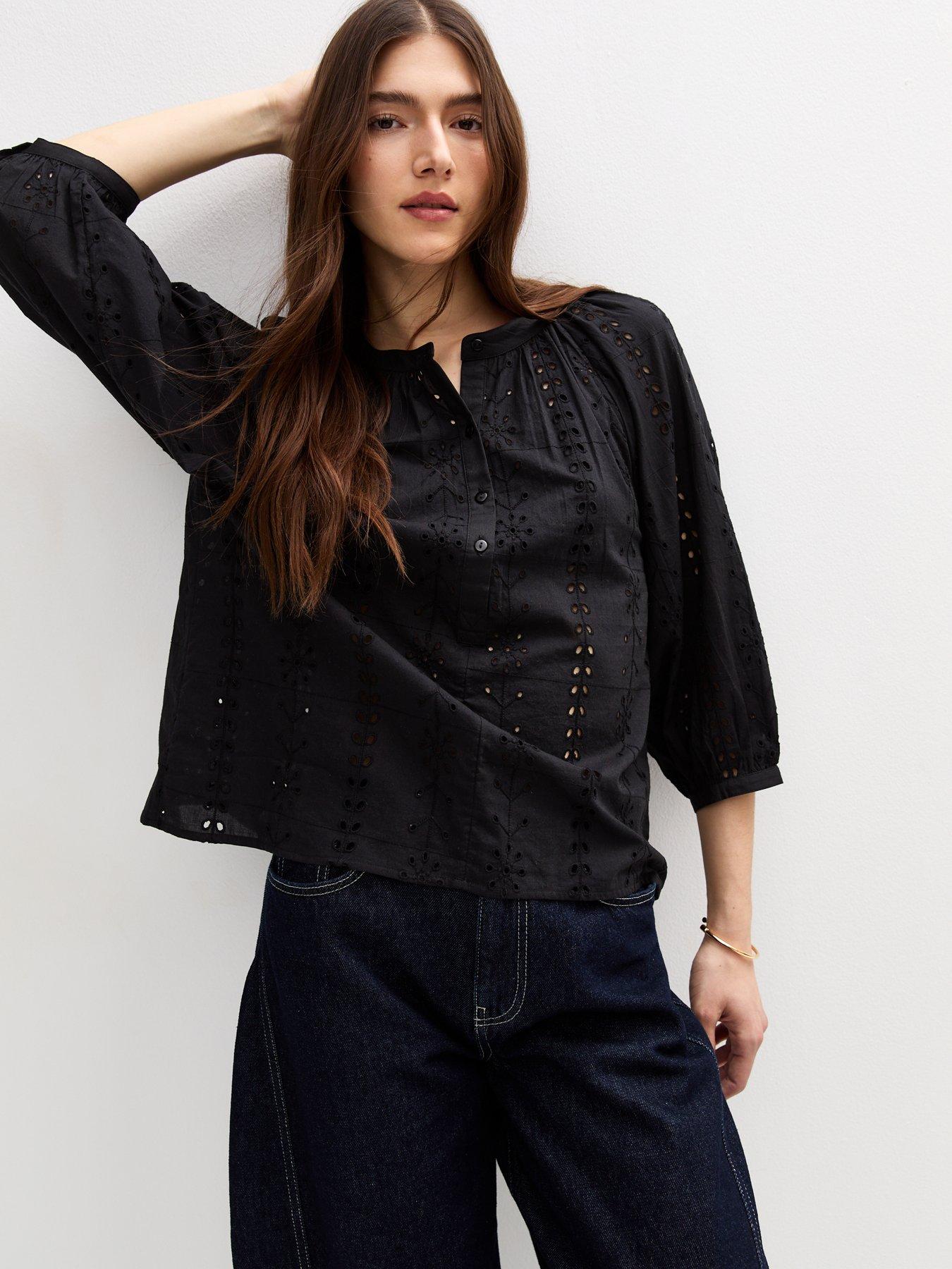 undefined Black Broderie Anglaise Balloon Sleeve Blouse