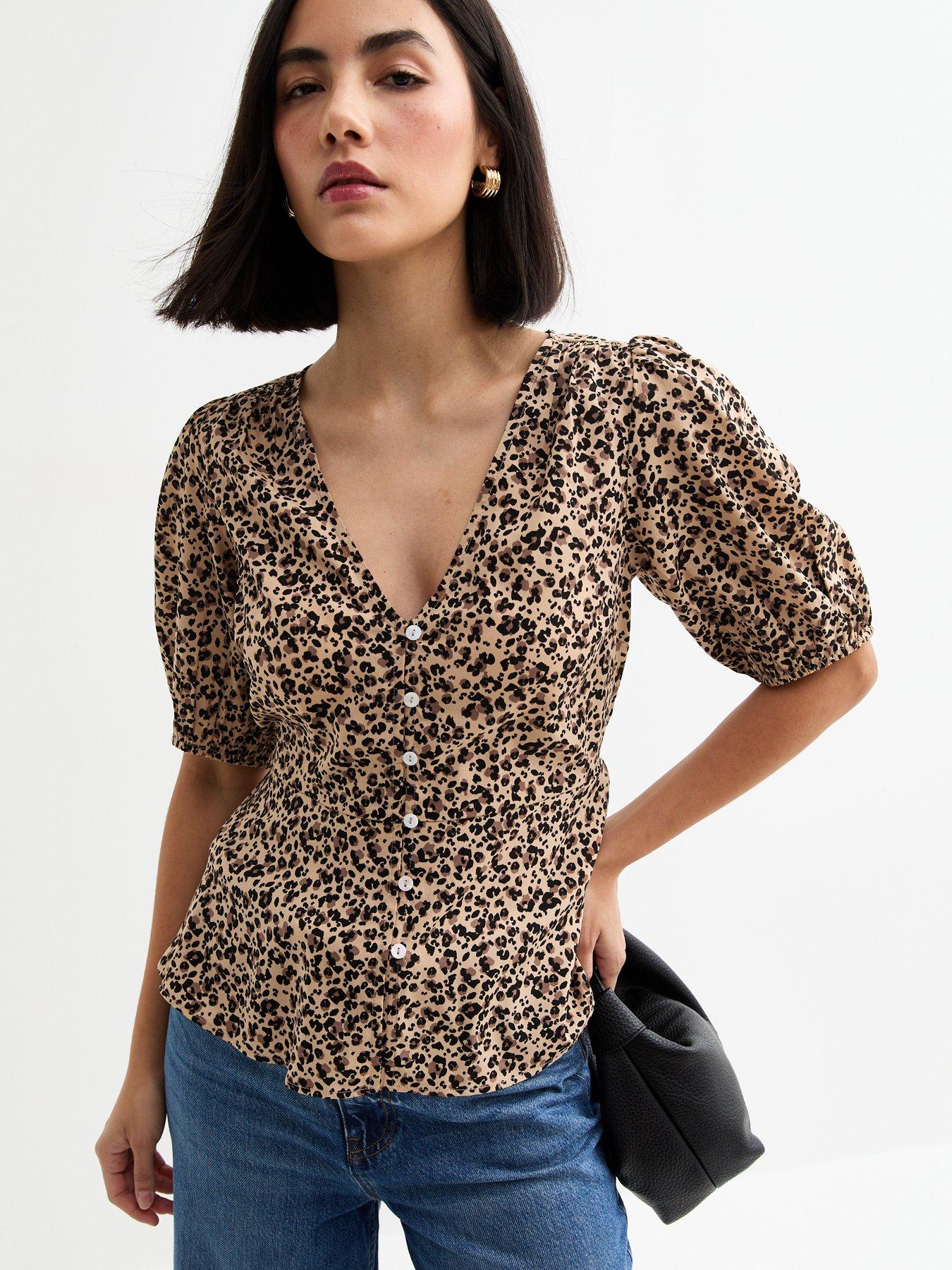 undefined Leopard Print V-Neck Top - Brown