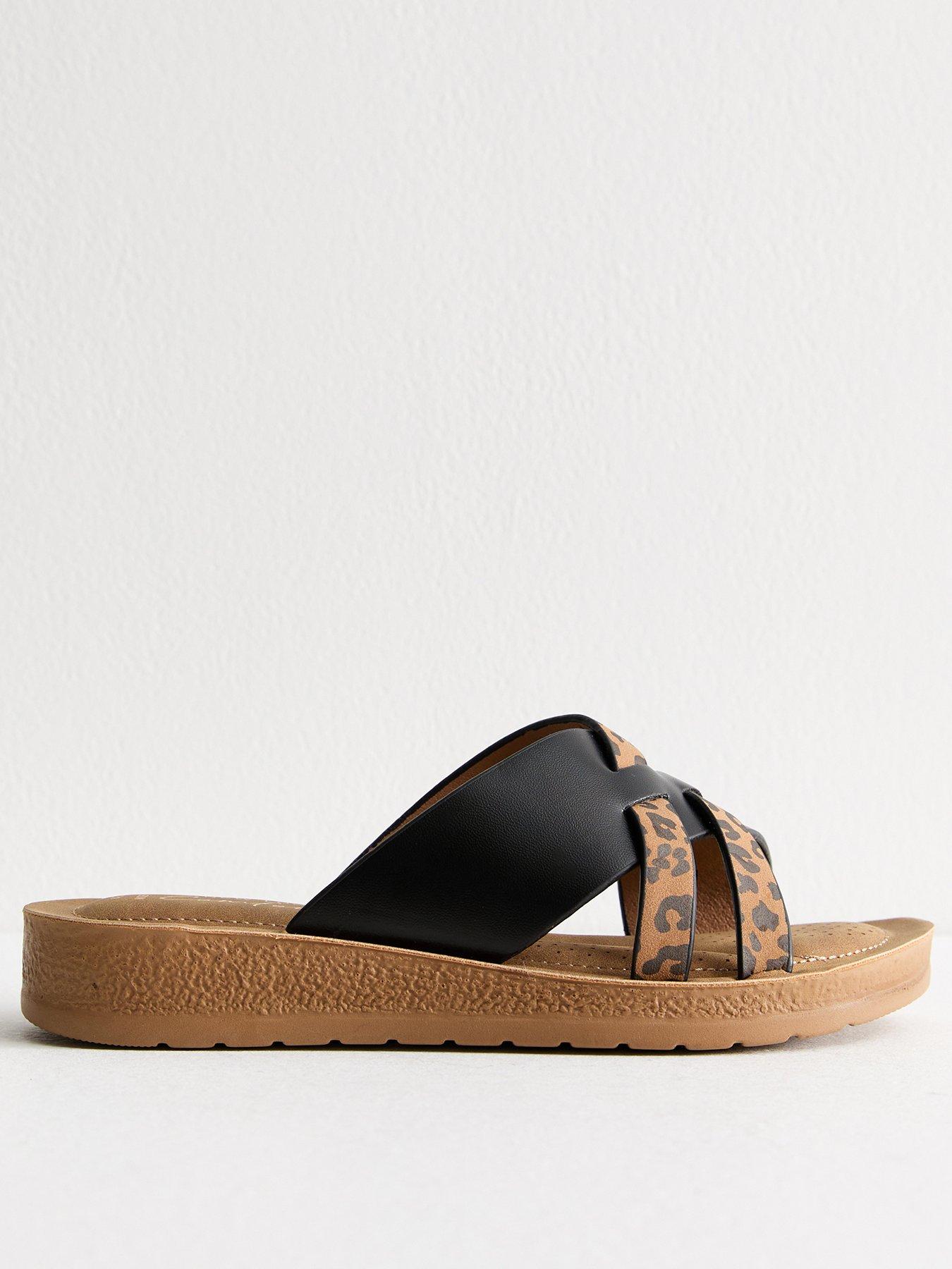 undefined Wide Fit Faux Leather Woven Strap Sandals - Leopard Print