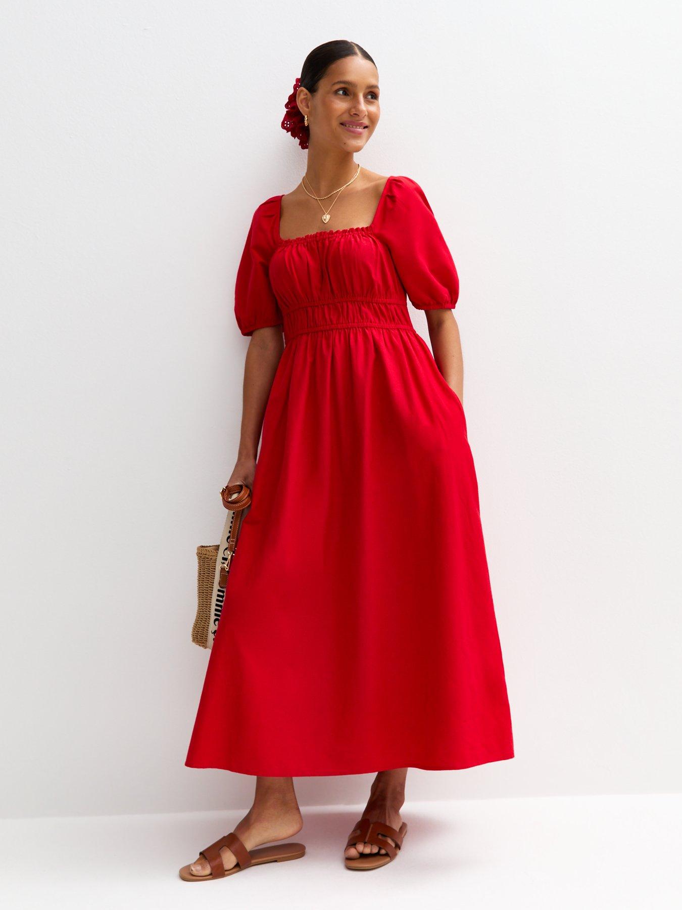 undefined Red Puff Sleeve Midi Dress