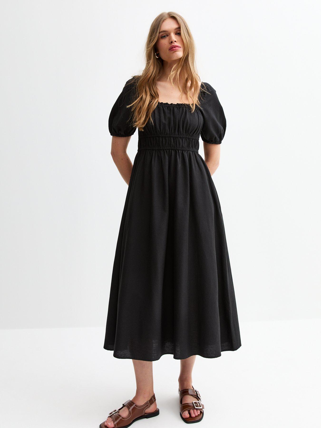 undefined Black Puff Sleeve Midi Dress