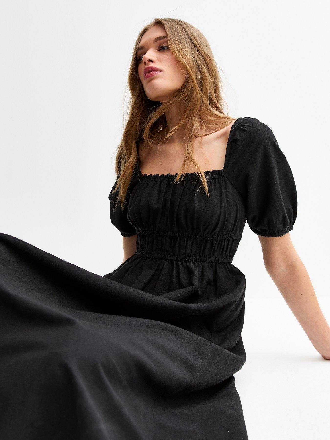 Image 4 of 5 of New Look Black Puff Sleeve Midi Dress