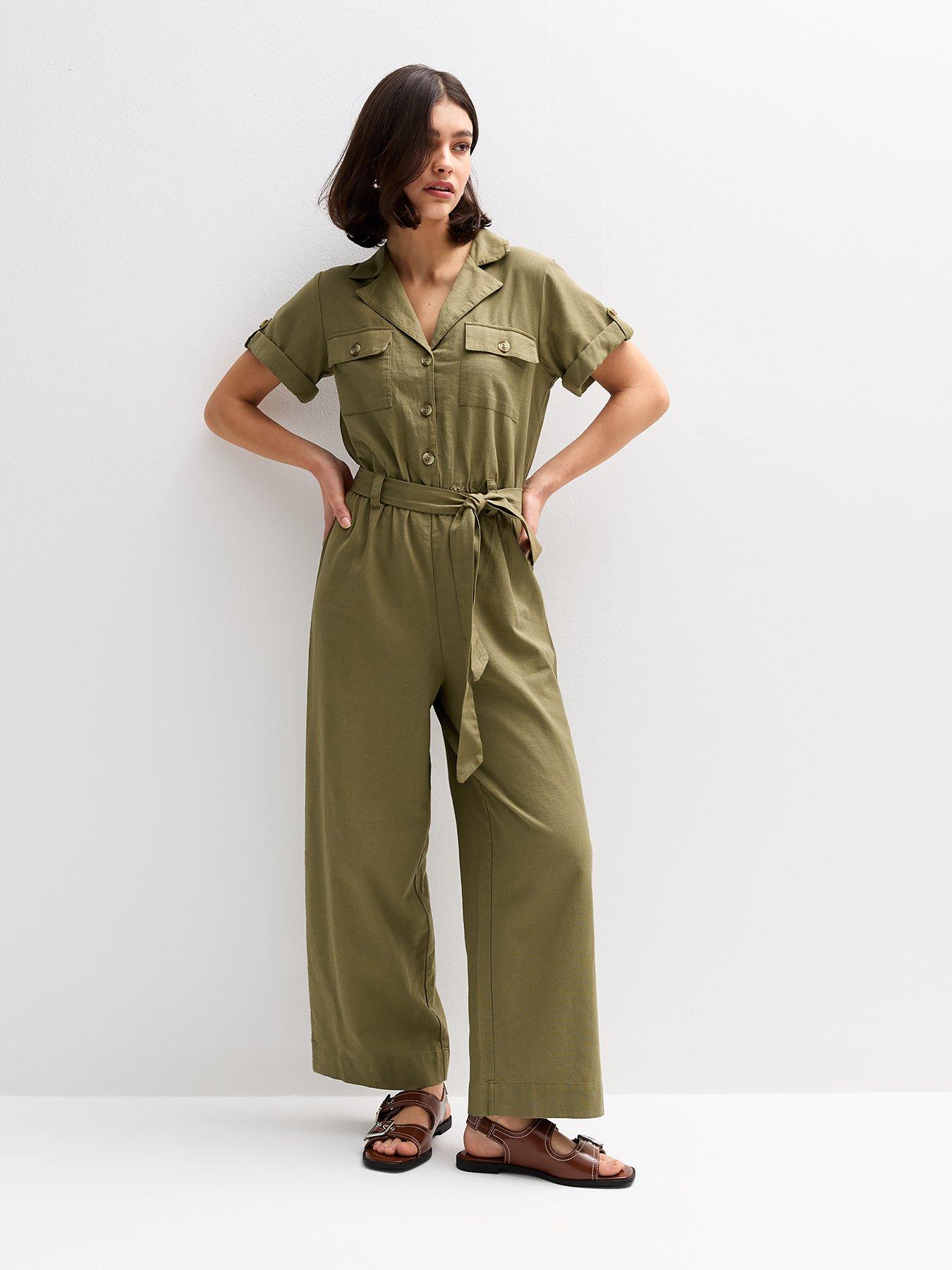 undefined Khaki Short Sleeve Belted Jumpsuit