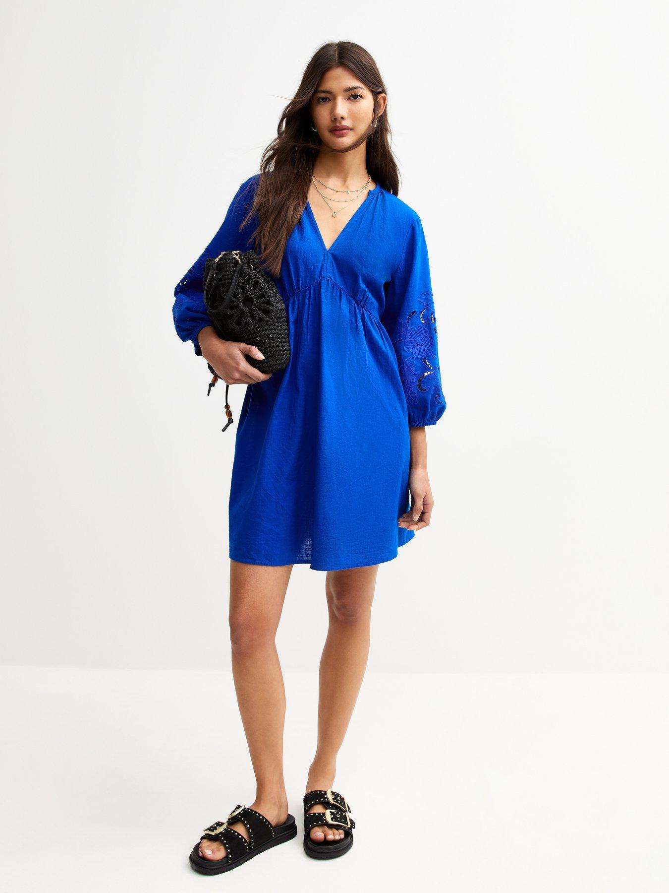 undefined Bright Blue Broderie Smock Mini Dress