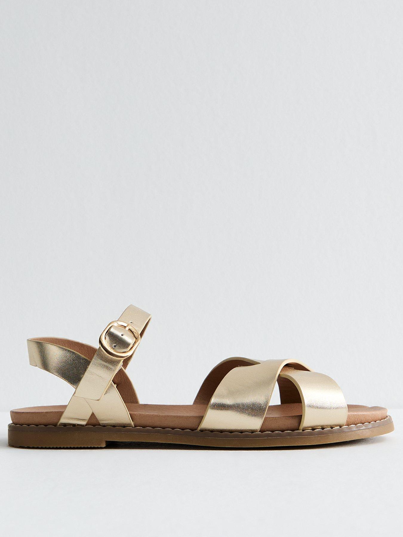 undefined Wide Fit Metallic Faux Leather Crossover Strap Sandals - Gold