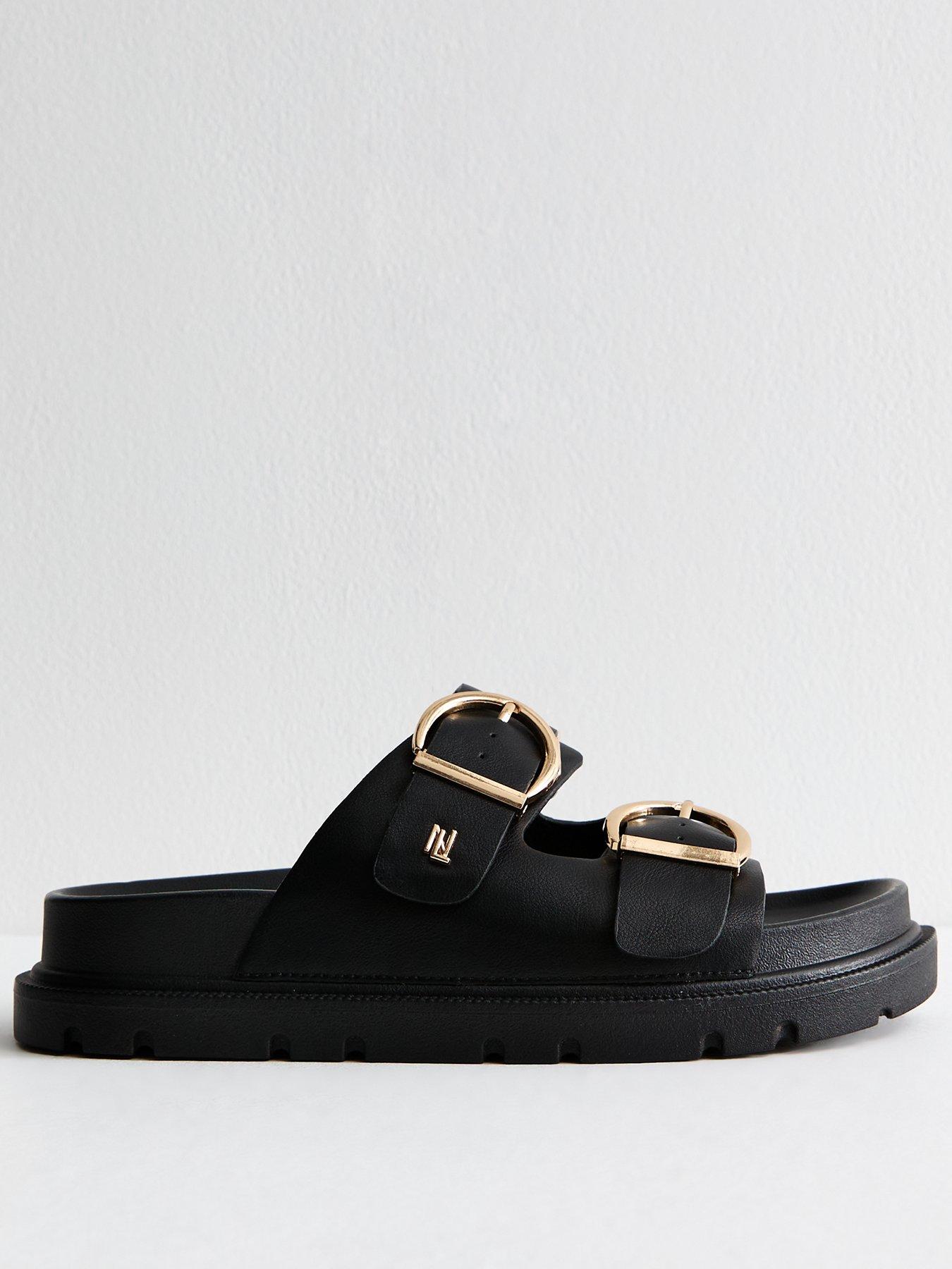 undefined Wide Fit Black Chunky Buckled Strap Faux Leather Sandals