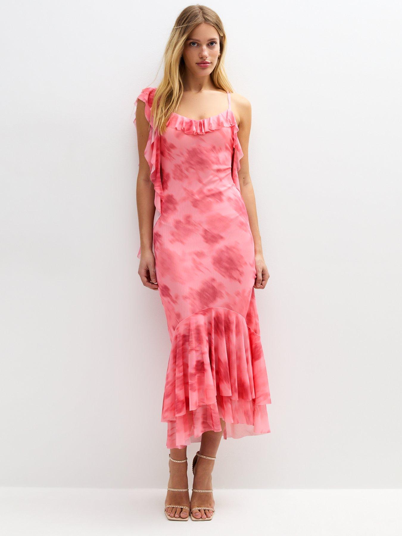 New Look: Frilly Trimmed Mesh Midi Dress - Pink