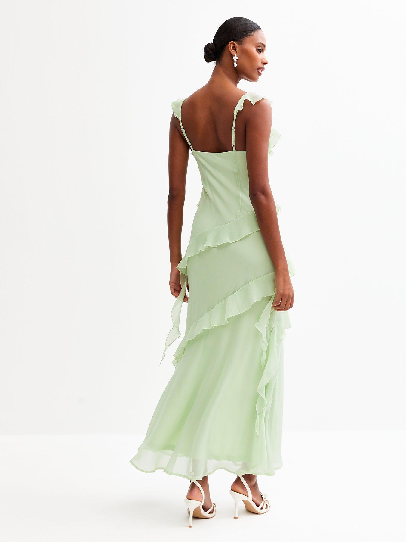 New Look Asymmetric Ruffled Slit Hem Chiffon Midi Dress - Light Green
