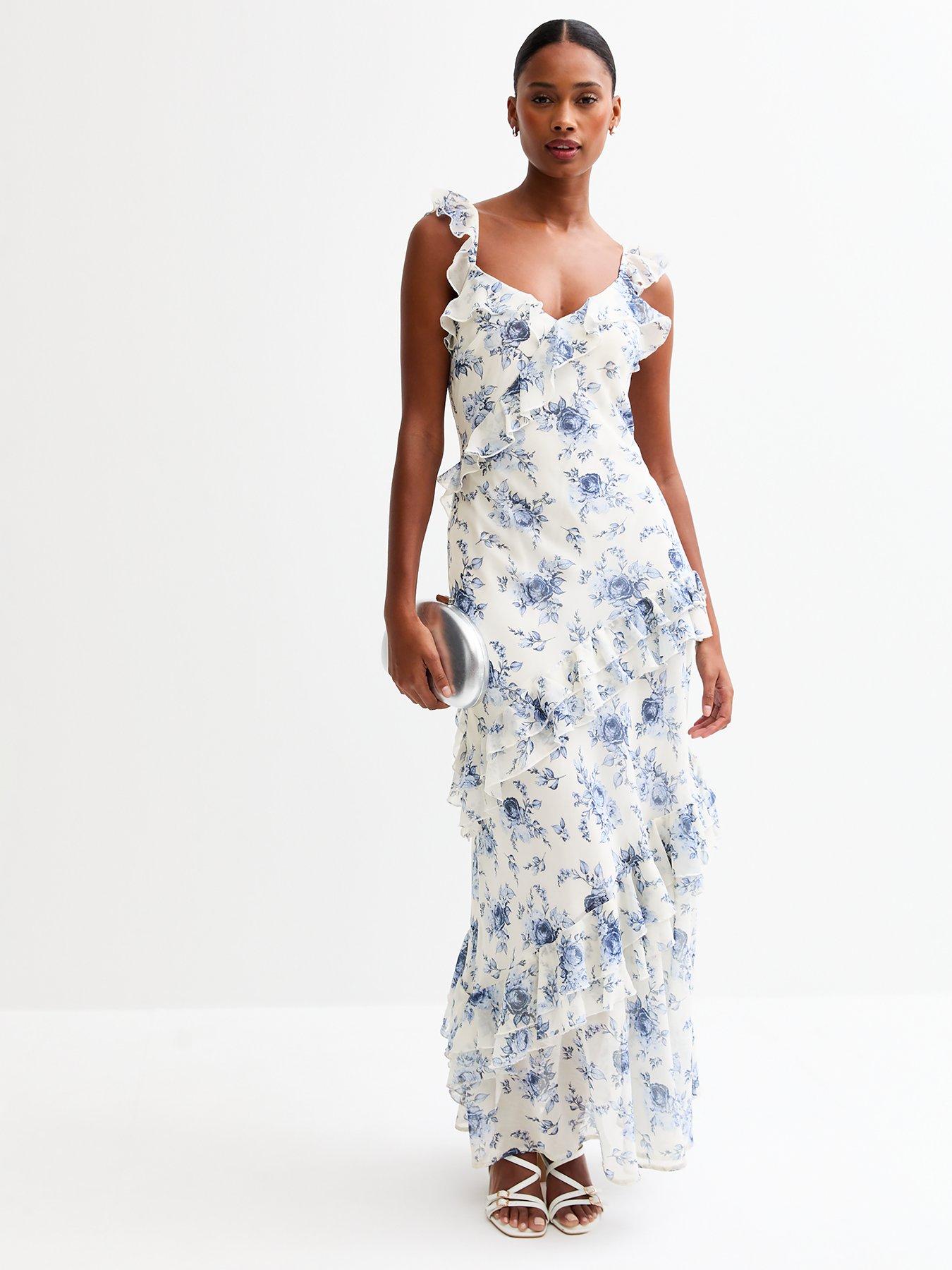 undefined Floral Print Ruffle Trim Midi Dress - Blue