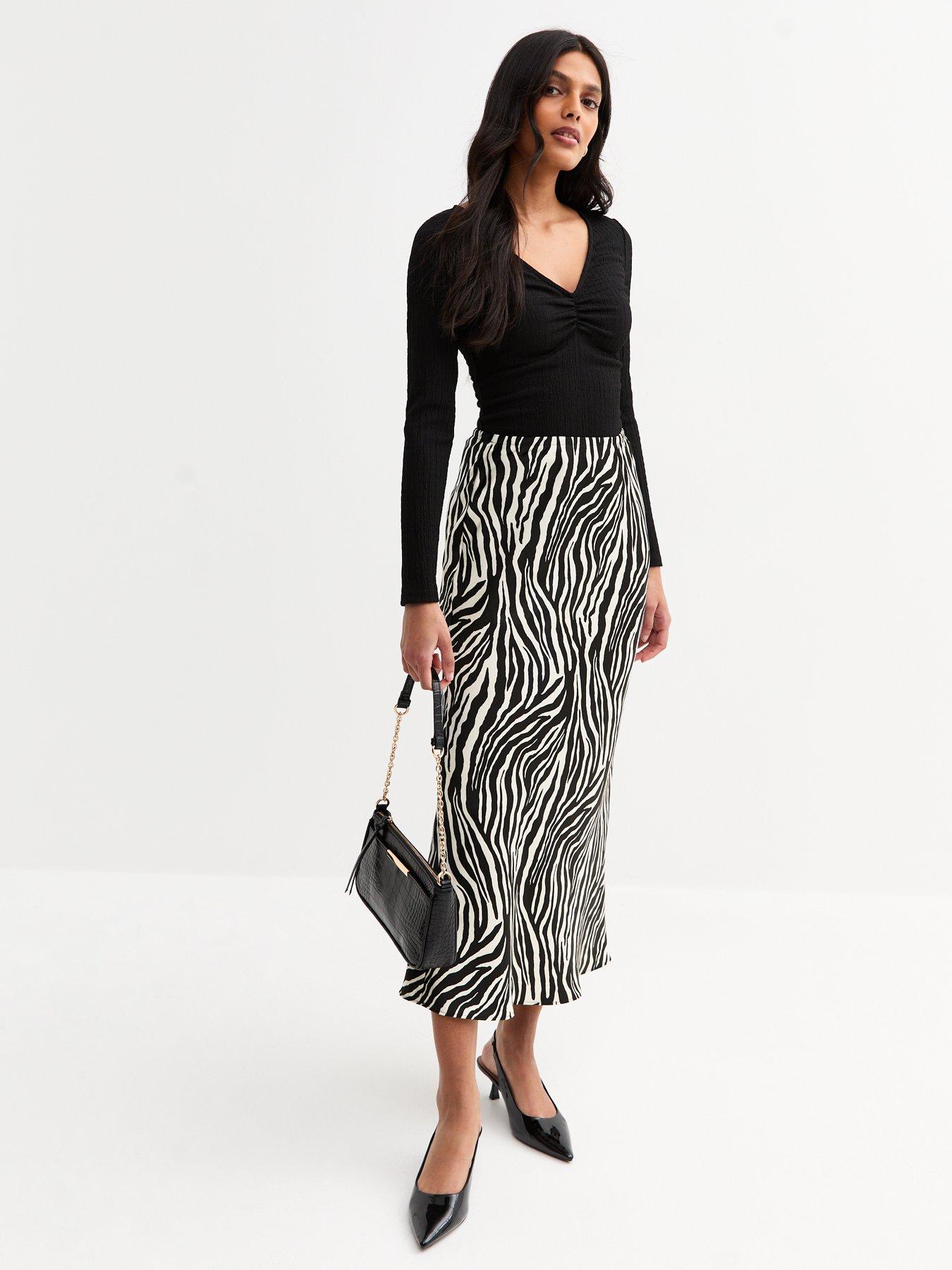 New Look Zebra Print Satin Bias Cut Midi Skirt Black Very