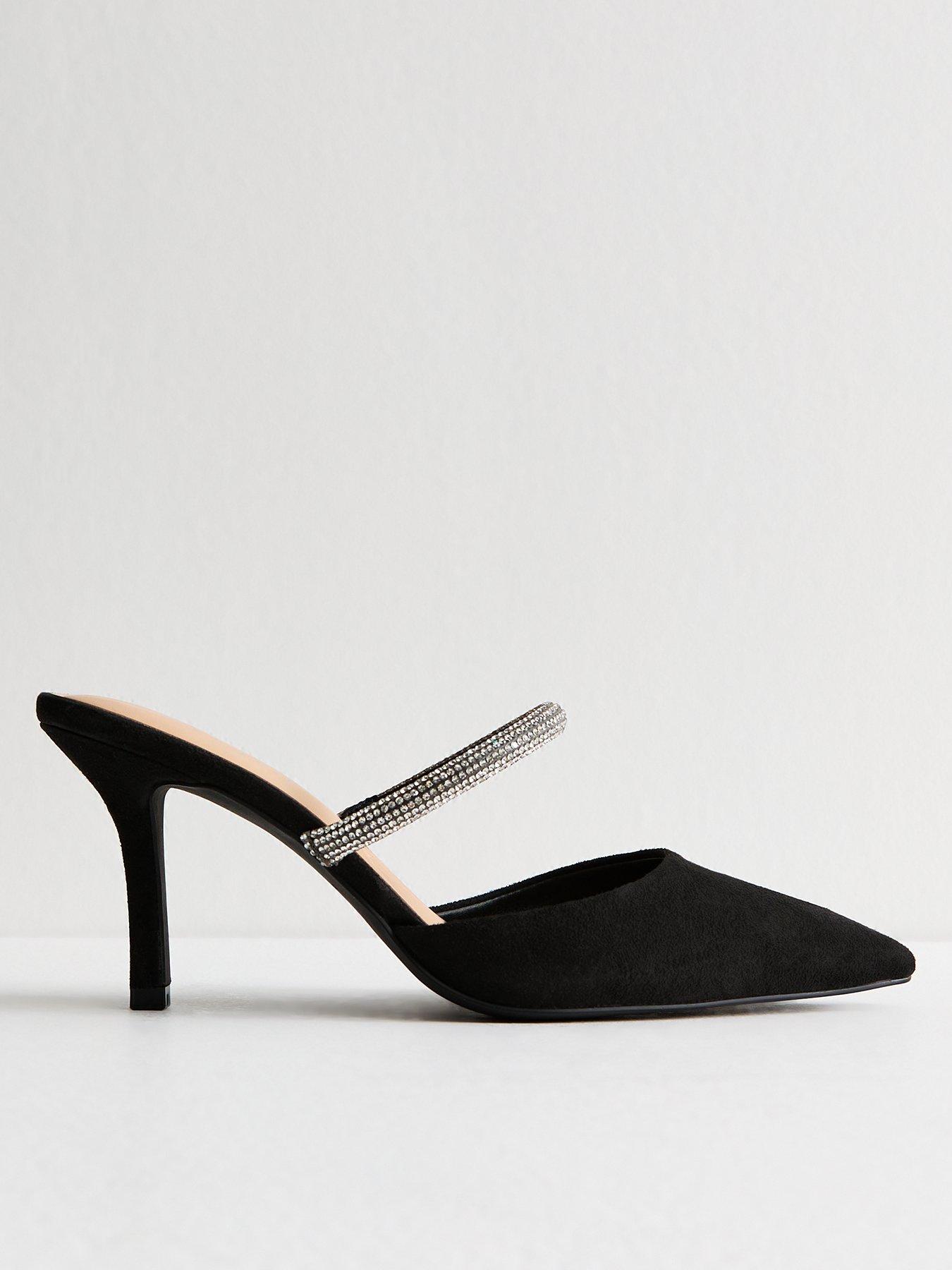 New Look Faux Suede Embellished Strap Backless Court Shoes Black