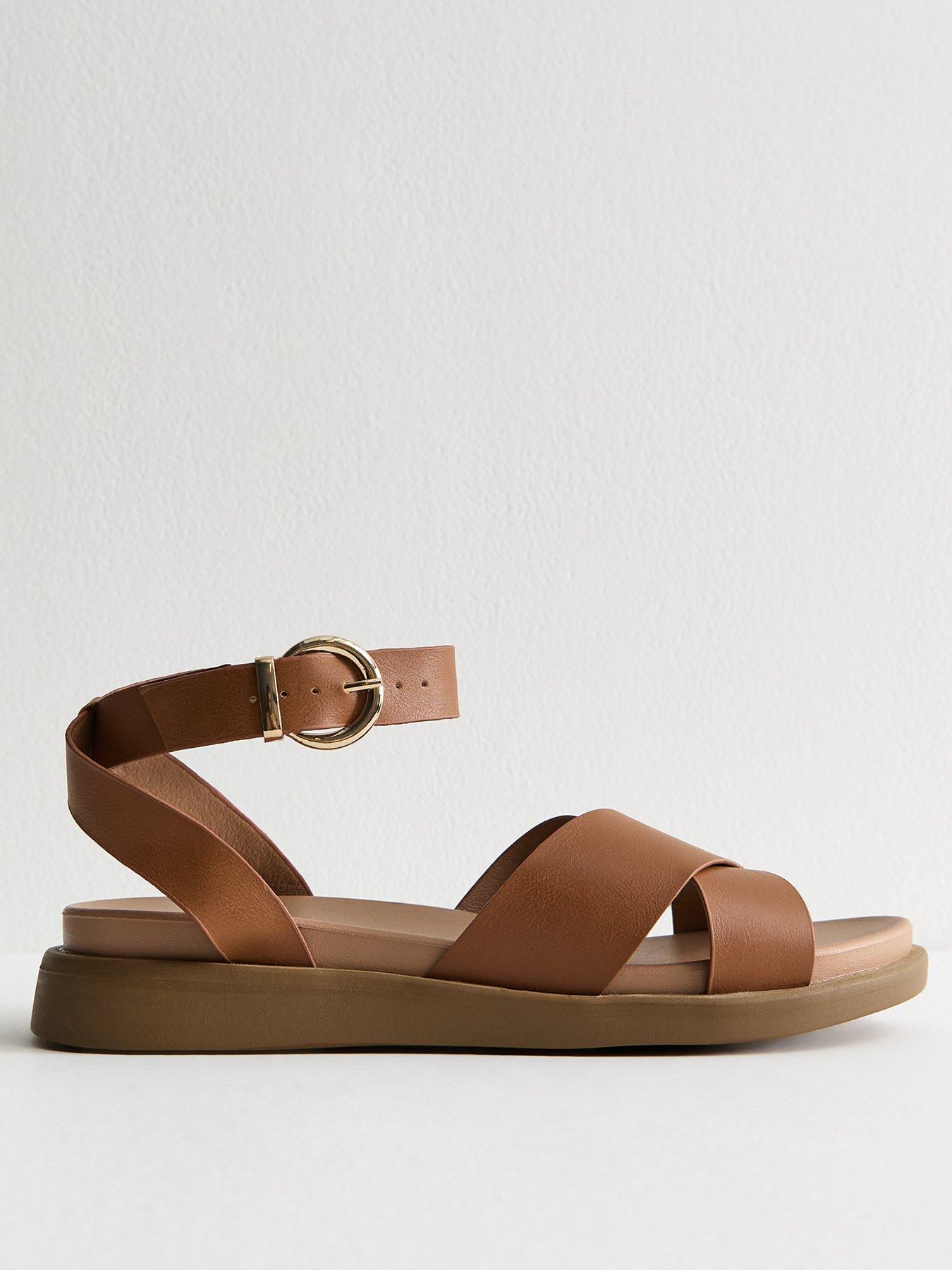 undefined Wide Fit Faux Leather Crossover Strap Sandals - Brown