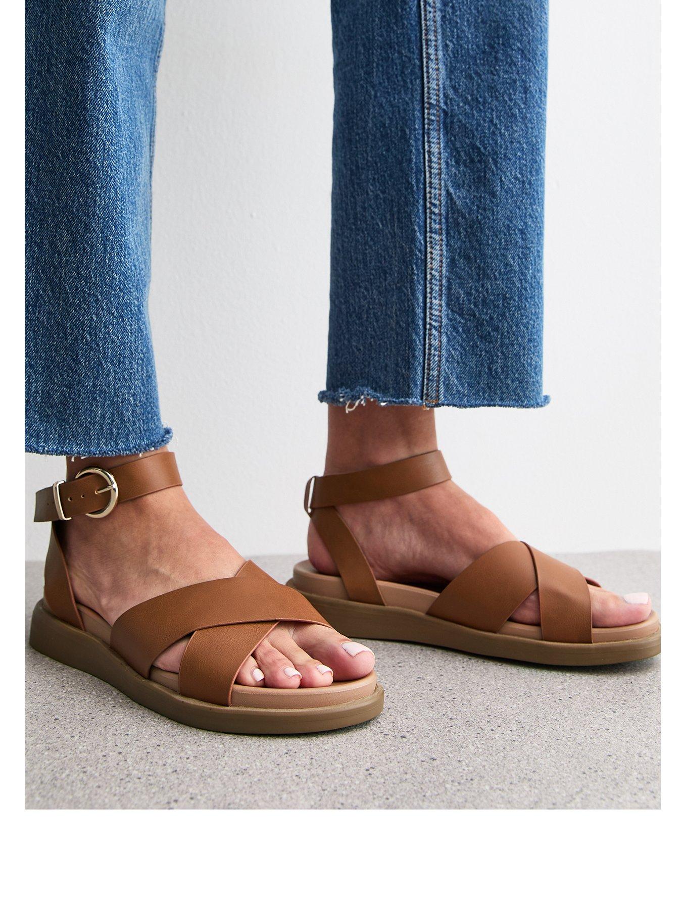 New Look Wide Fit Brown Faux Leather Crossover Strap Sandals | Very