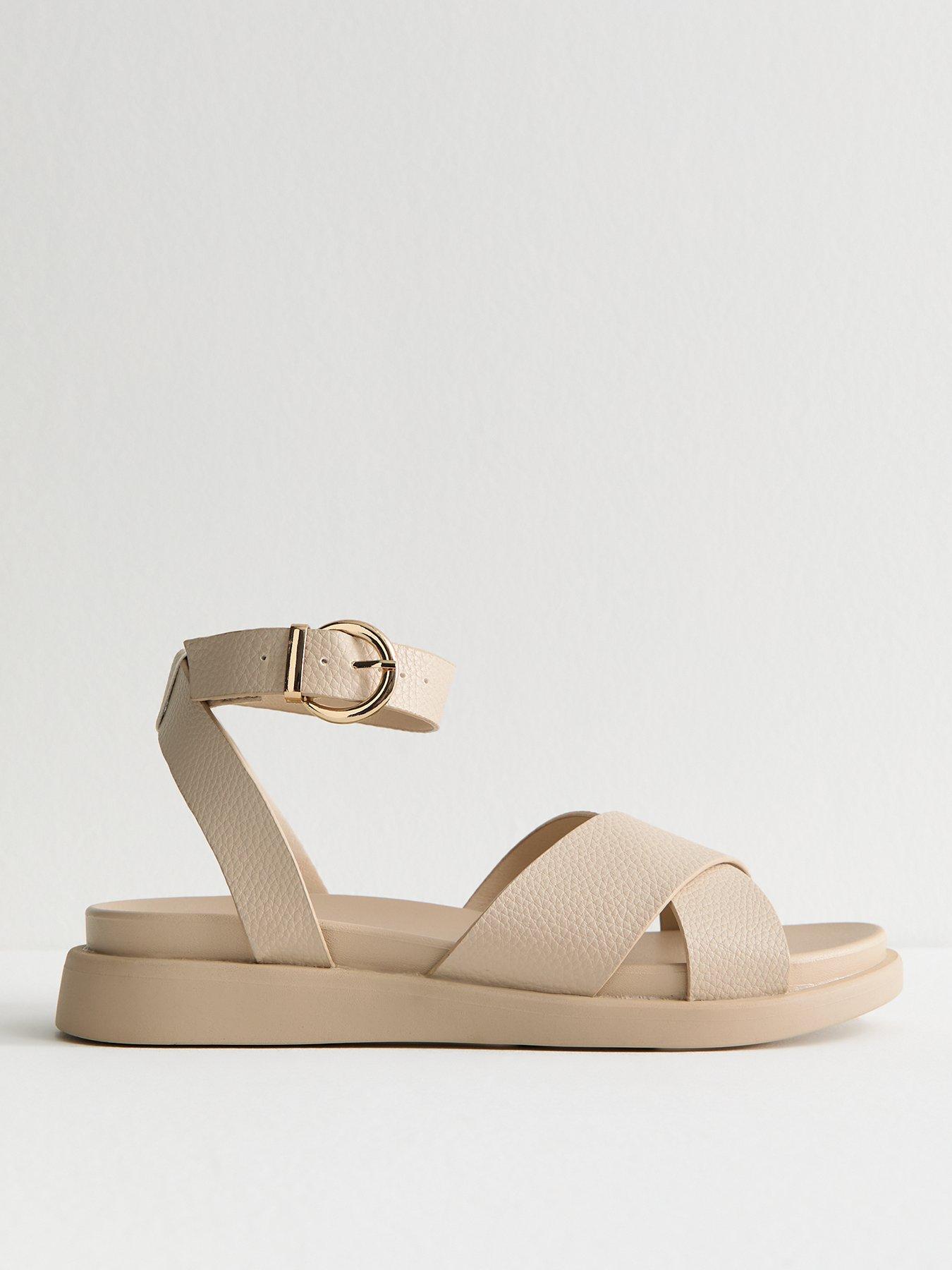 undefined Wide Fit Off White Faux Leather Crossover Strap Sandals - Cream