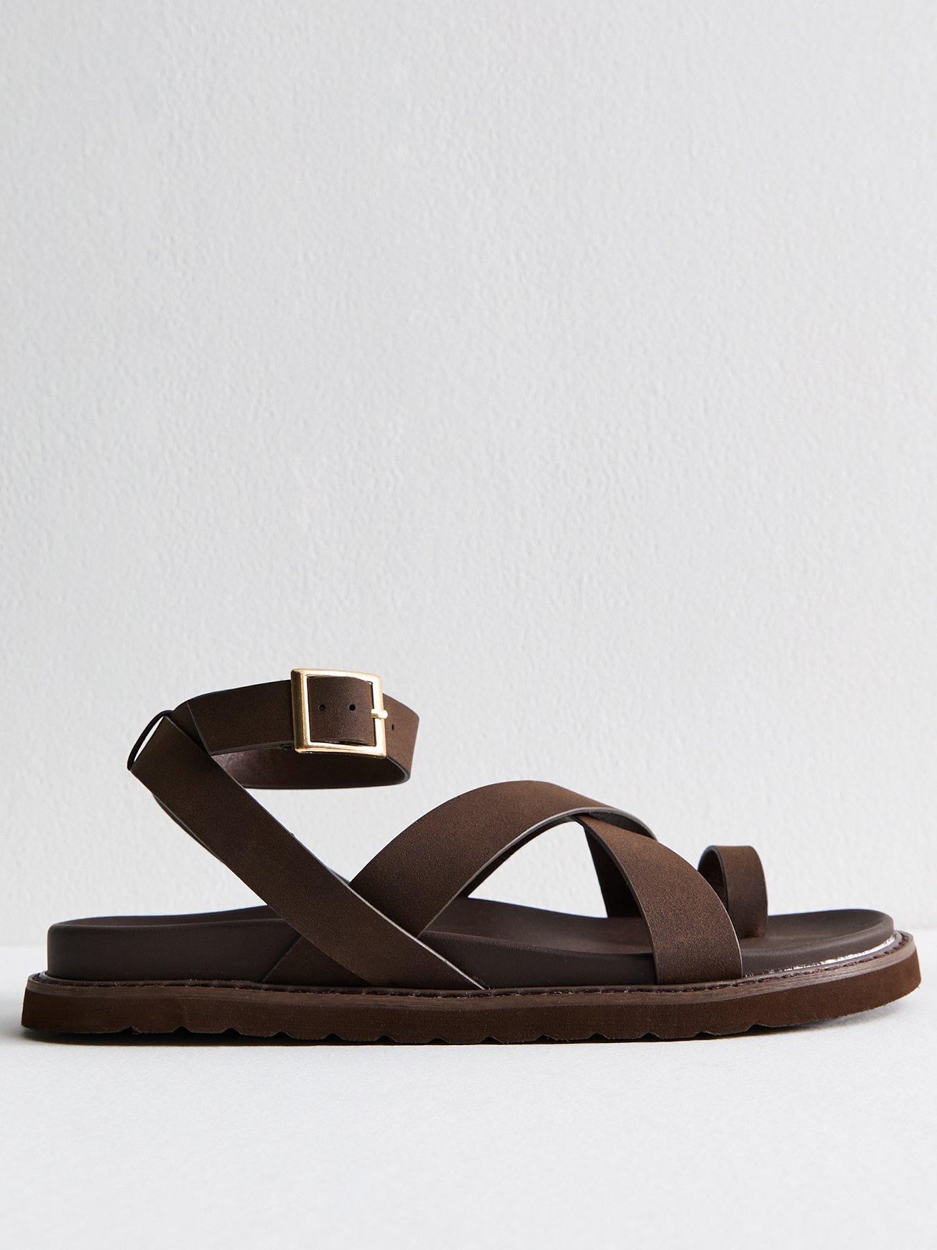 undefined Faux Leather Crossover Strap Sandals - Brown