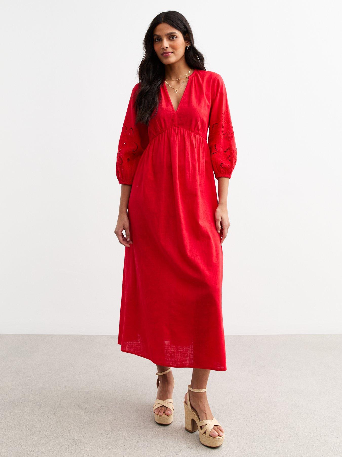 Image 1 of 5 of New Look Red Broderie Anglaise Sleeve Smock Midi Dress